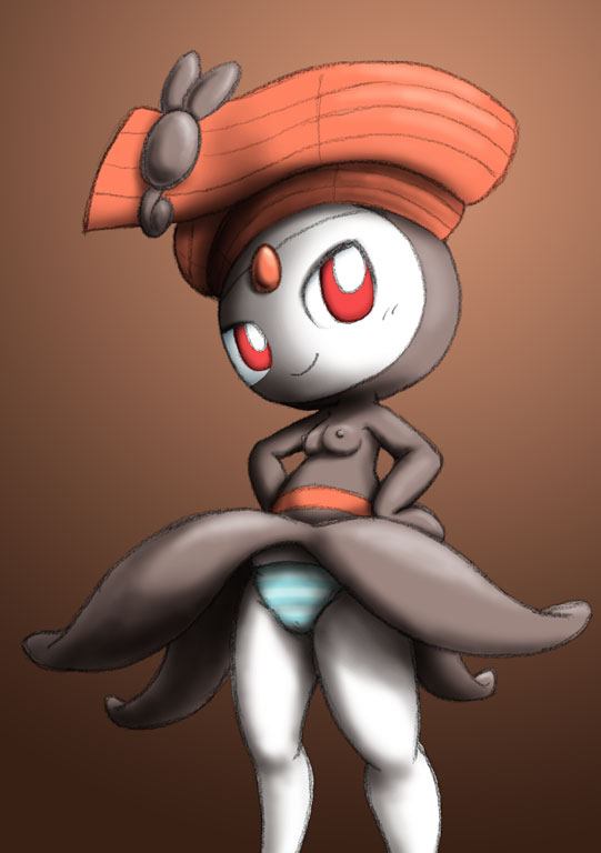 brown_background erect_nipples female hands_on_hips meloetta no_humans panties pokemon pokemon_bw red_eyes small_breasts smile solo striped_panties ten_nekosupi topless