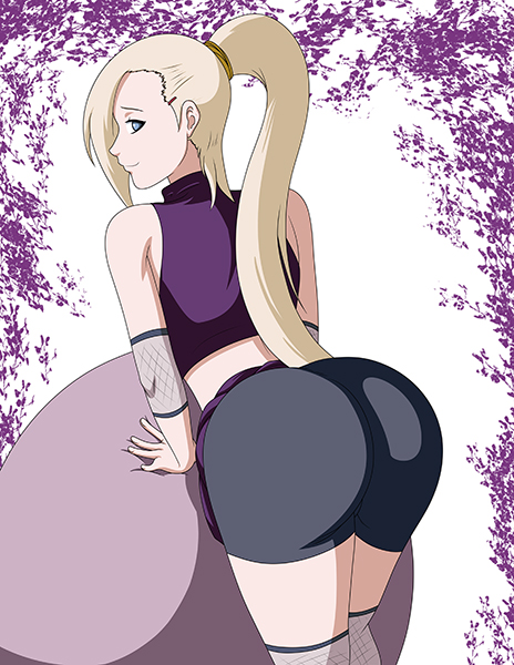 1girls, ass, behind view, bent over, bike shorts, blonde hair, blue eyes, bubble ass, bubble butt, clothing, dress lift, female, female only, fishnets, fully clothed, hair over one eye, ino yamanaka, long hair, looking at viewer, looking back, naruto, naruto (series), naruto shippuden, ponytail, posing, short shorts, shorts, solo, tied hair