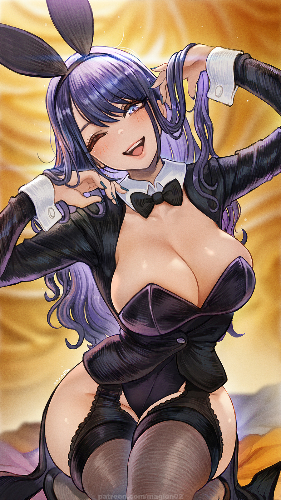 animal ear hairband, animal ears, arisha san (cosplay), black bow, black bowtie, black jacket, black leotard, black thighhighs, blue eyes, blue hair, blue nails, blush, bow, bowtie, breasts, cleavage, commentary, cosplay, detached collar, english commentary, fake animal ears, female, garter straps, gyaru, hairband, hand in own hair, head tilt, highres, izayoi arisa, izayoi arisa (cosplay), jacket, kitagawa marin, large breasts, leotard, long hair, long sleeves, looking at viewer, magion02, nail polish, one eye closed, open mouth, patreon username, playboy bunny, rabbit ear hairband, rabbit ears, smile, solo, sono bisque doll wa koi wo suru, strapless, strapless leotard, thighhighs, very long fingernails, very long hair, watermark, web address, wrist cuffs