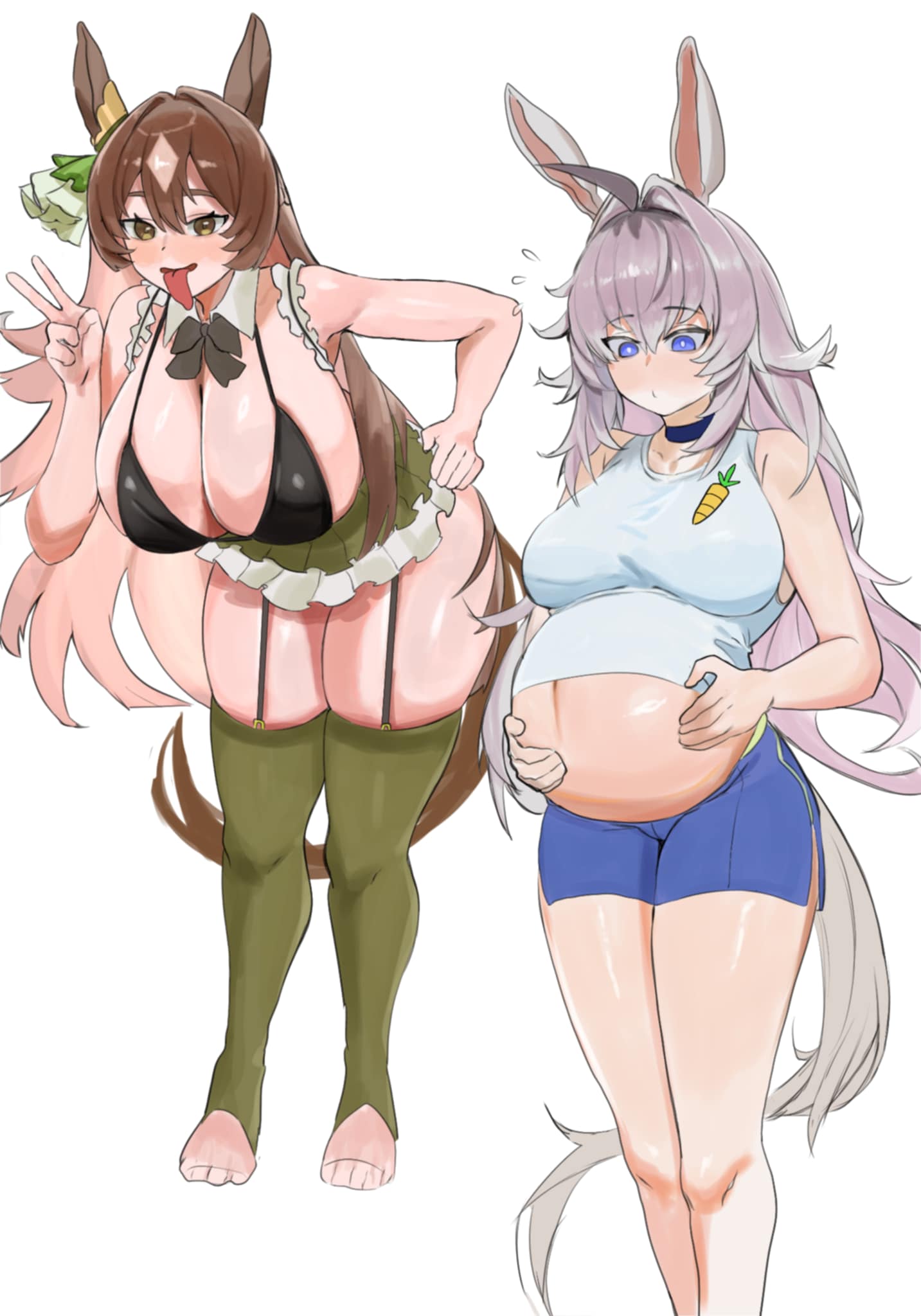 2girls, big breasts, bikini, black bikini top, breasts, brown eyes, brown hair, cleavage, female, female only, full body, garter straps, green legwear, green thighhighs, gym shorts, hanging breasts, horse ears, horse girl, horse tail, huge breasts, leaning forward, long hair, nyankaisen, oguri cap (umamusume), pregnant, satono diamond (umamusume), smile, stirrup legwear, thick thighs, thighhighs, tongue out, umamusume, umamusume pretty derby, white hair, zettai ryouiki