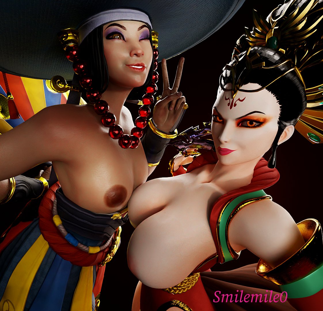 2girls 3d asian_mythology bari_(smite) big_breasts black_hair chinese_mythology da_ji_(smite) female female_only goddess hi-rez_studios korean_mythology light-skinned_female light_skin smilemile0 smite topless v v_sign