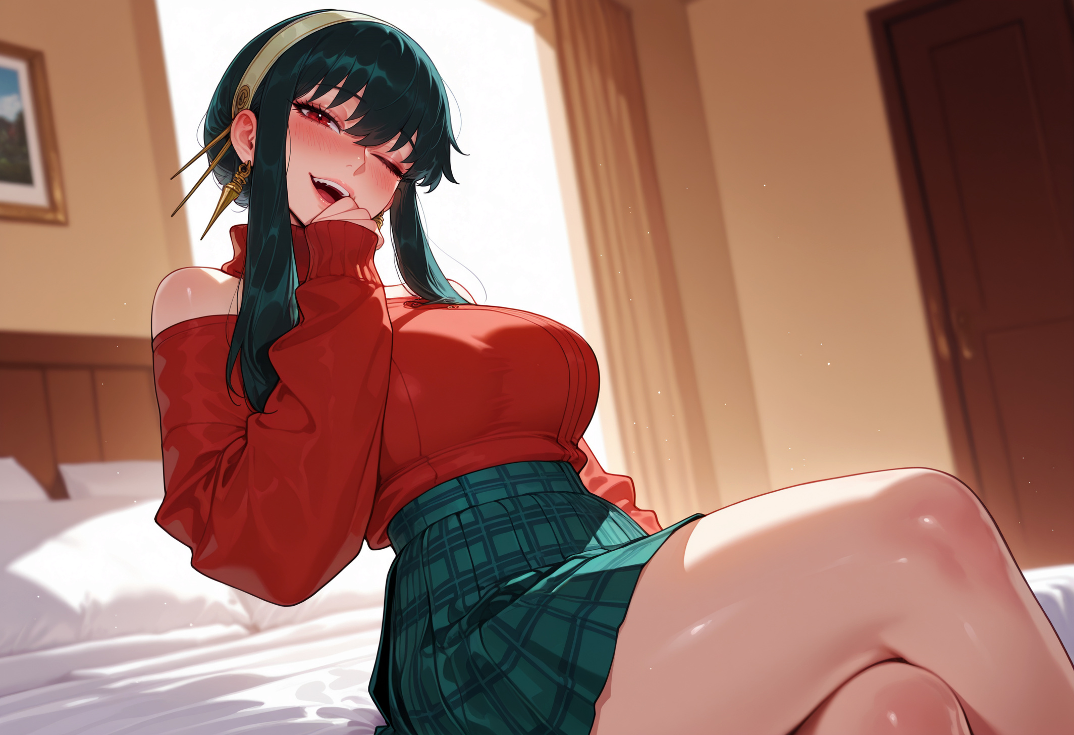 ;d, 1girls, ai generated, balecxi, bangs, bare legs, bare shoulders, bed, bed sheet, bedroom, black hair, blush, breasts, clothing, crossed legs, curtains, curvaceous, curvaceous female, curvaceous figure, curvy, curvy figure, earrings, female, female focus, female only, gold earrings, gold hairband, green skirt, hair ornament, hairband, hand to own mouth, headwear, high-waist skirt, indoors, jewelry, large breasts, long hair, long sleeves, looking at viewer, miniskirt, no legwear, off shoulder, off-shoulder sweater, on bed, one eye closed, open mouth, picture frame, pillow, plaid, plaid skirt, pleated skirt, red eyes, red sweater, short hair with long locks, sidelocks, sitting, skirt, sleeves past wrists, smile, solo, spy x family, sweater, sweater tucked in, teeth, thighs, turtleneck, turtleneck sweater, upper teeth only, voluptuous, voluptuous female, white hairband, window, yor briar, yor forger