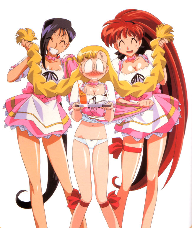 3girls 90s ^_^ akira_(viper) anna_miller assisted_exposure bare_arms blonde_hair blue_hair blush bow bow_panties braid breasts choker cleavage clenched_teeth closed_eyes clothing corset cup drink embarrassed eyebrows_visible_through_hair eyes_visible_through_hair female female_only frills glass glasses grin hair_grab hair_over_one_eye hair_ribbon holding_tray ice_cube karin_(viper) kimura_takahiro large_breasts legwear long_hair long_ponytail long_twintails looking_at_viewer low_ponytail medium_breasts multiple_girls navel official_art open_mouth panties pink_clothing plate ponytail red_hair ribbon ribbon_choker saki_(viper) simple_background skirt skirt_lift smile sogna teacup thick_thighs thigh_ribbon thigh_strap thighs tied_hair tongue tray twin_braids twintails underwear uniform very_long_hair viper_(series) viper_v16 waitress wavy_mouth white_background white_clothing white_panties