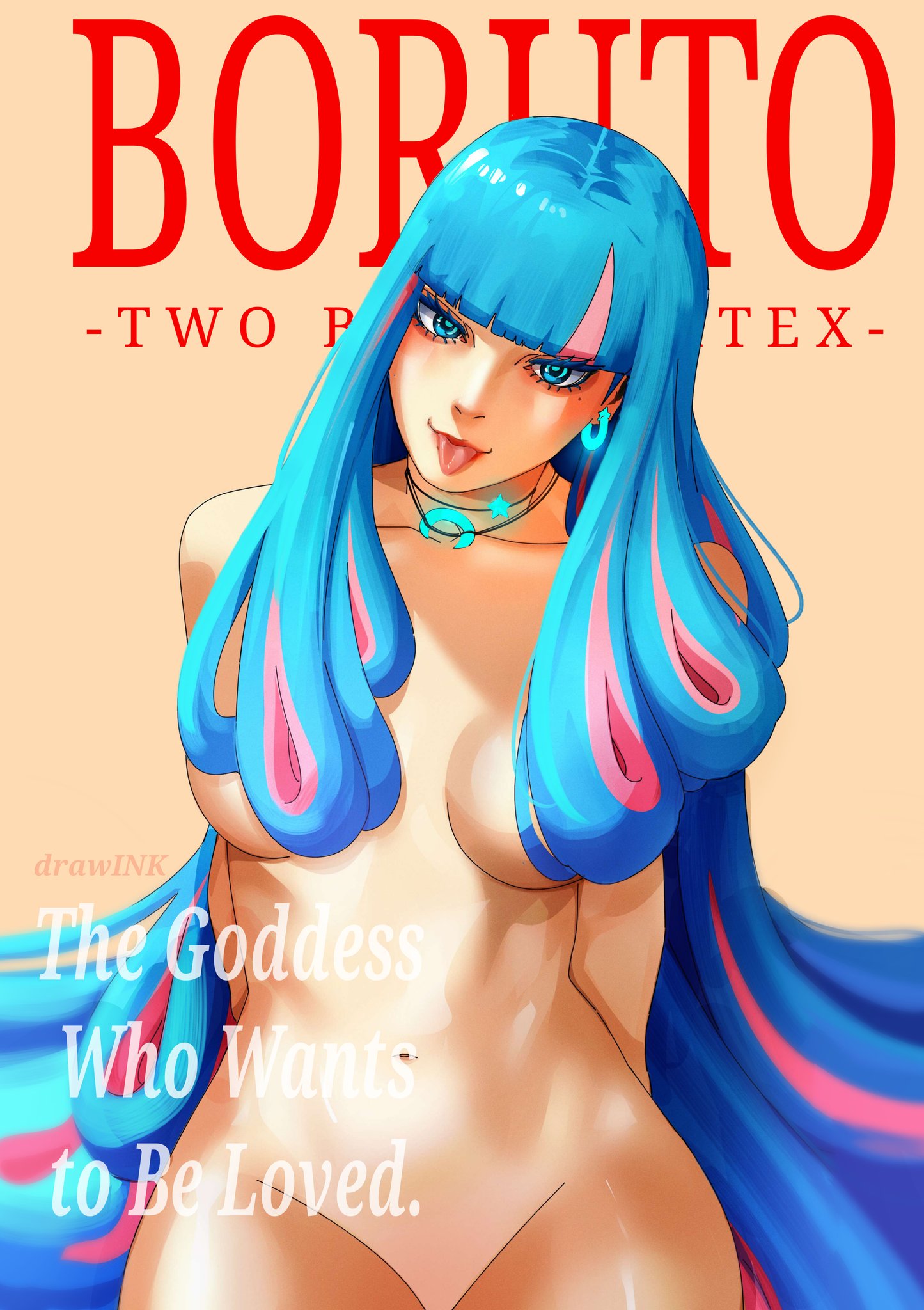 1girls, ada (boruto), boruto: two blue vortex, breasts, completely nude, completely nude female, drawink, female, female only, hair covering breasts, manga cover, multicolored hair, naruto, naruto (series), nude, nude female, showing tongue, tongue, tongue out