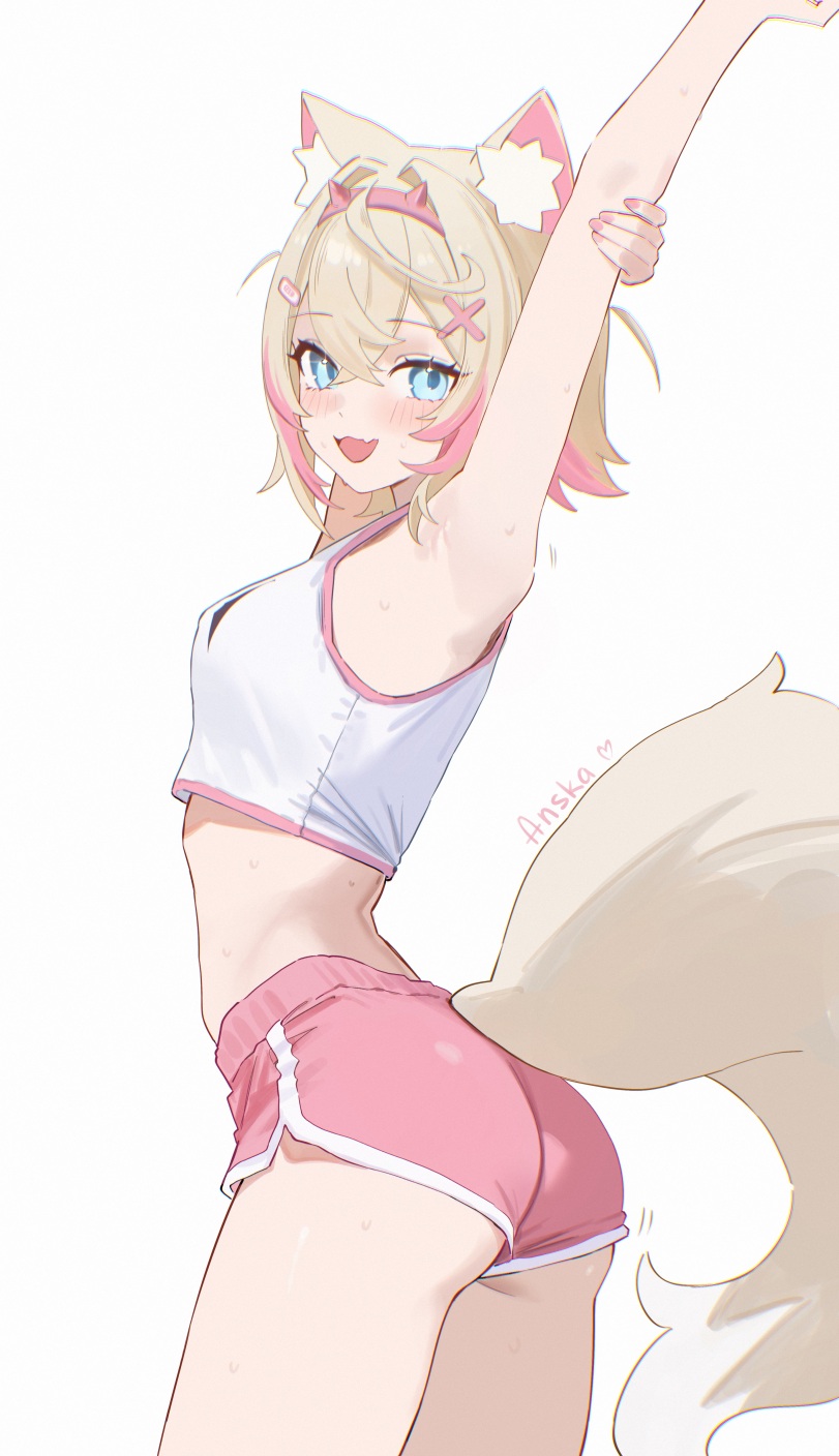 anska, armpit, arms above head, blue eyes, crop top, dog ears, dog girl, dog tail, female, female only, hololive, hololive english, mococo abyssgard, petite body, small ass, small breasts, virtual youtuber, vtuber