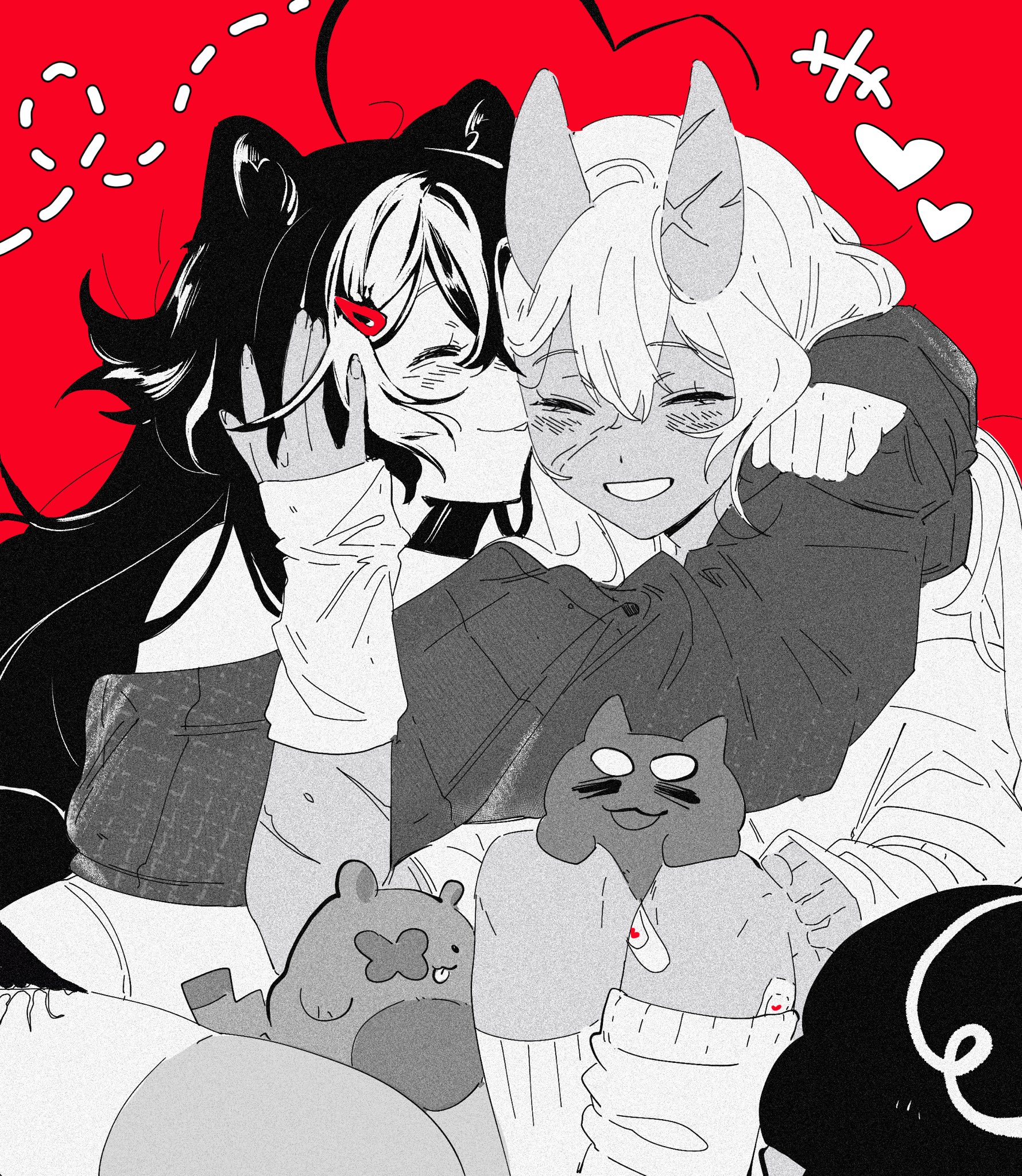 2girls, akumi, animal ears, bandages, bear ears, black hair, blush, closed eyes, cute, female, heart, hood, hoodie, hug, jacket, long hair, long sleeves, looking at viewer, momotexx (artist), momotexx (vtuber), multiple females, multiple girls, no sex, one eye closed, partially colored, red background, red eyes, sfw, short hair, simple background, smile, spot color, virtual youtuber, vyugen, wholesome, yuri