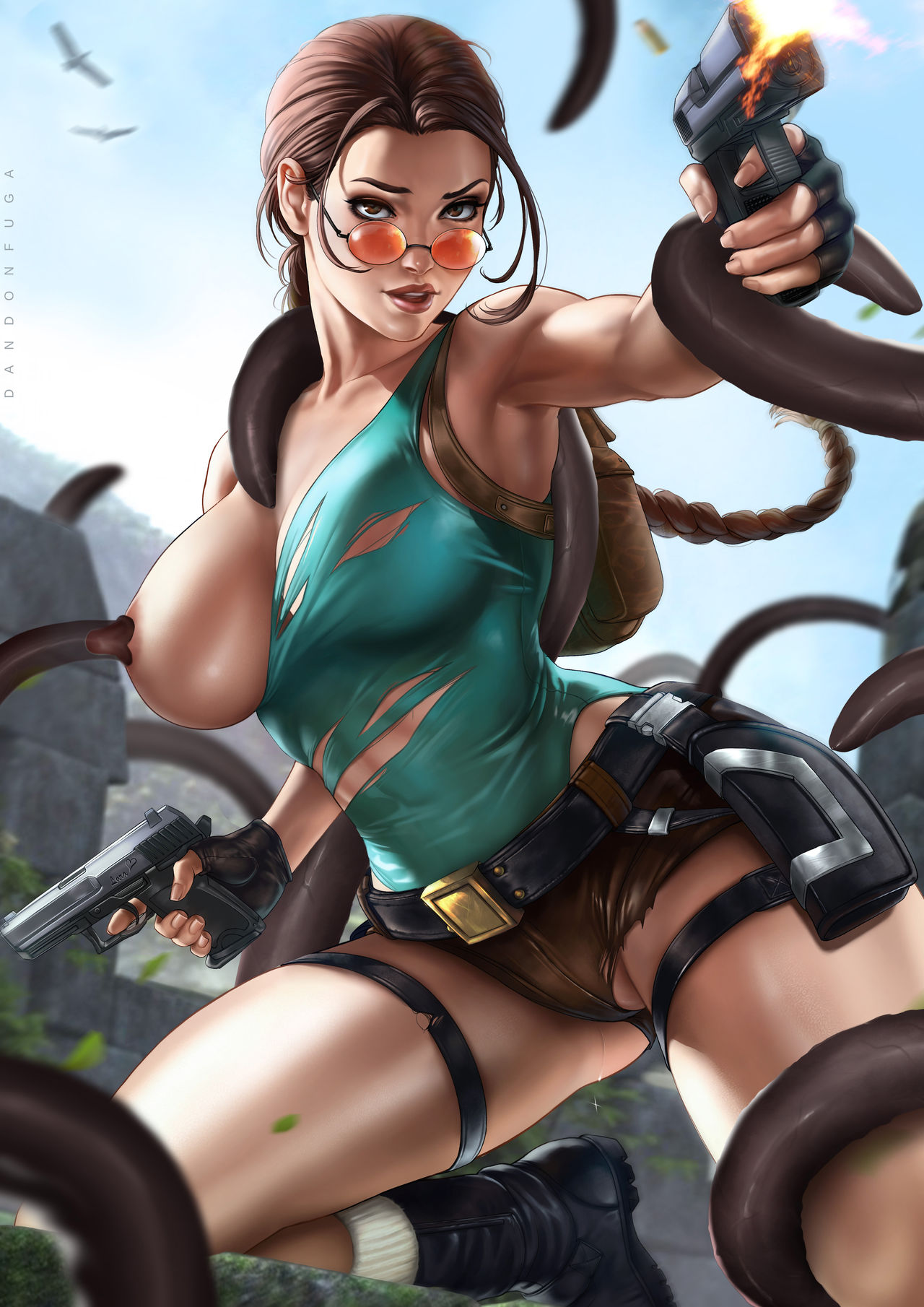 1girls, bangs, belt, braid, breast sucking, breasts, brown eyes, brown hair, claw marks, dandon fuga, female, female focus, female only, fight, fighting, gun, guns, highres, imminent rape, lara croft, lara croft (classic), looking at viewer, looking over eyewear, looking over glasses, milking tentacles, mouth open, nipples, one breast out, open mouth, red-tinted eyewear, ripped clothing, shorts, sunglasses, tagme, tentacle, tentacle sucking breasts, thighs, tinted eyewear, tomb raider, tomb raider (classic), torn clothes, wardrobe malfunction