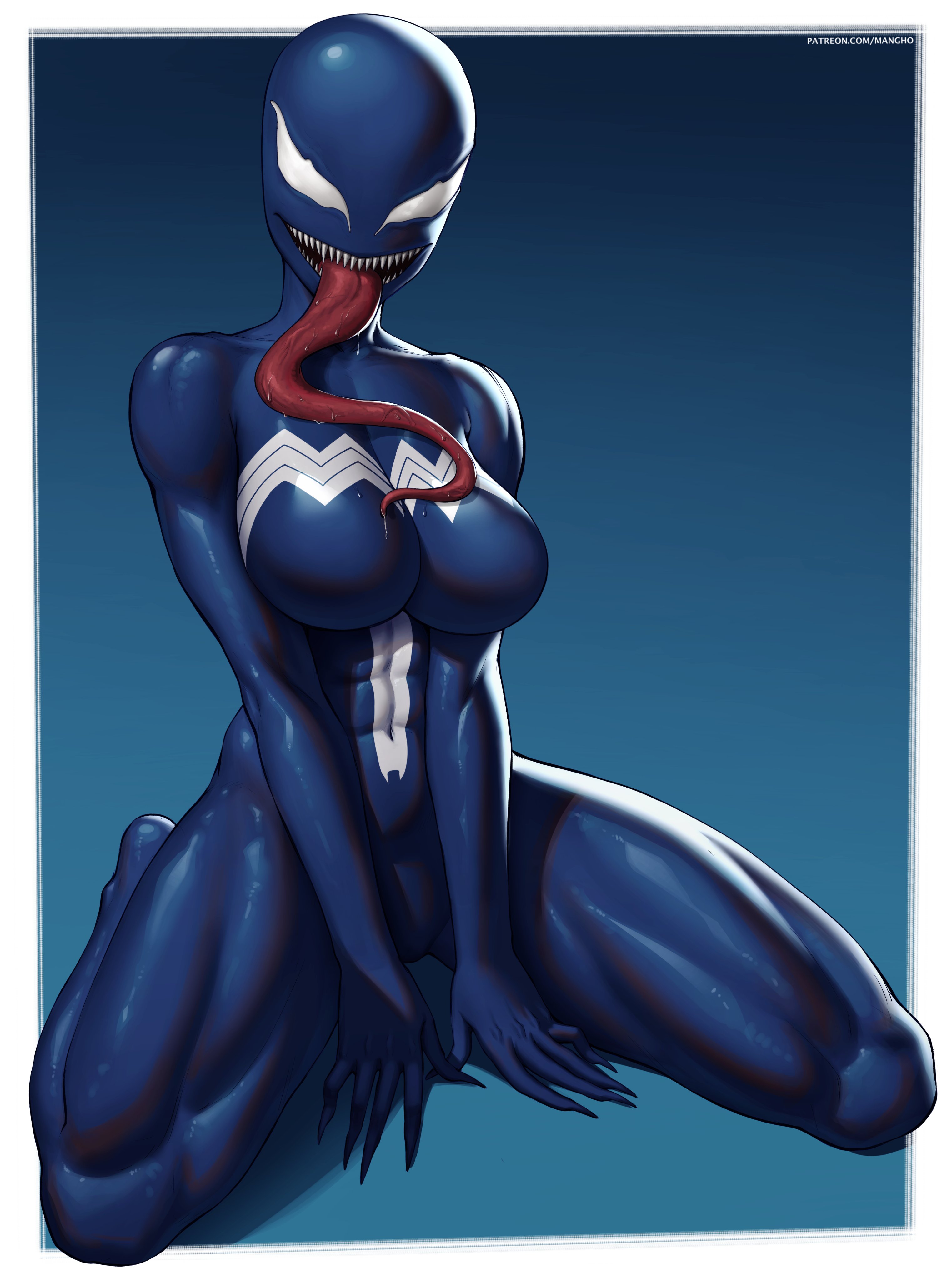 1girls, abs, breasts, female, female only, kneeling, large breasts, long fingernails, long tongue, mangho, marvel, marvel comics, monster girl, muscular, muscular arms, muscular female, muscular thighs, saliva, saliva on tongue, sharp fingernails, sharp teeth, she-venom, solo, solo female, symbiote, symbiote suit, very long tongue