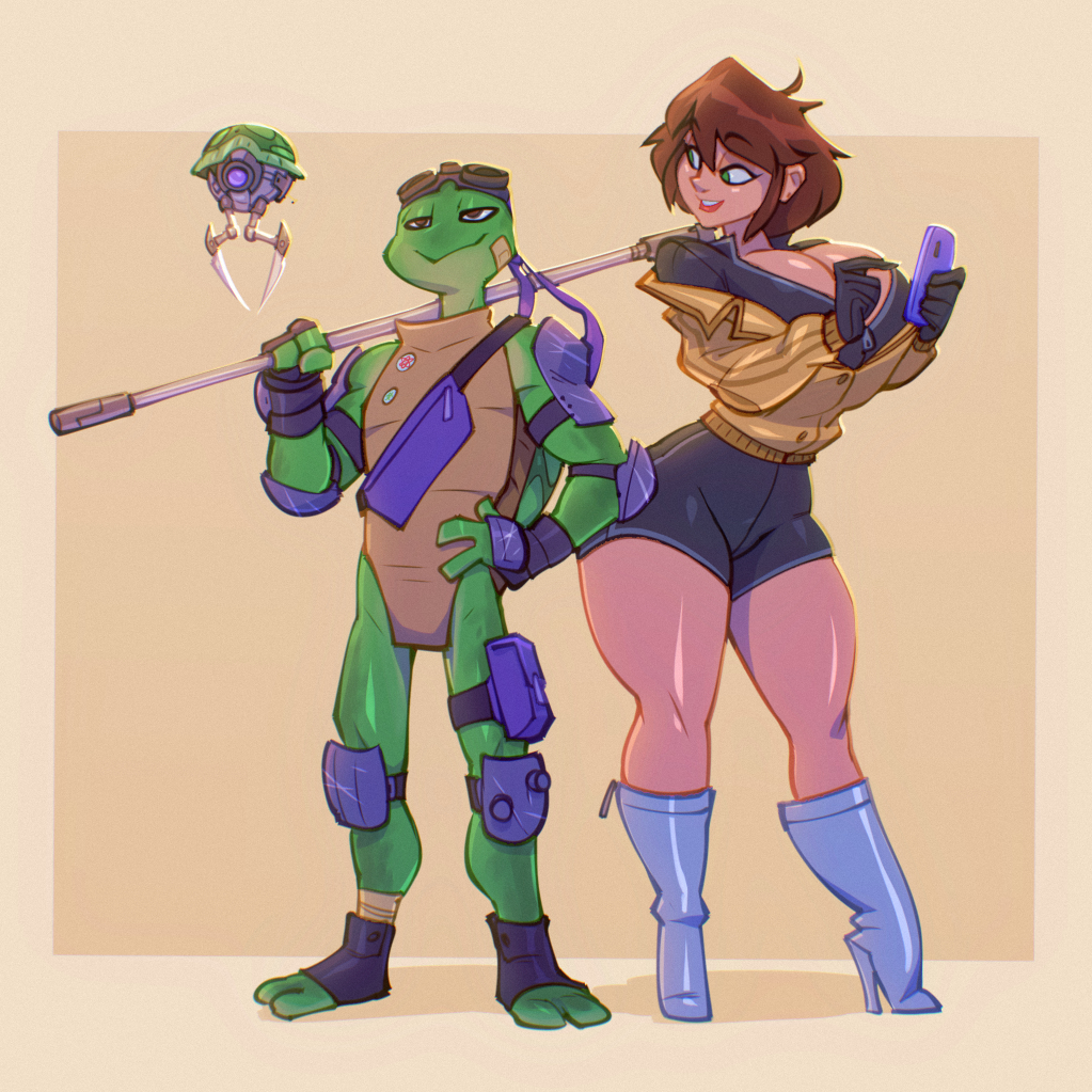 1boy, 1girls, april o'neil, bare legs, bare thighs, big breasts, bigdad, breasts, brown hair, color, donatello, female, hi res, large breasts, light skin, light-skinned female, male, male/female, ninja, short hair, tagme, teenage mutant ninja turtles, thick thighs, turtle humanoid