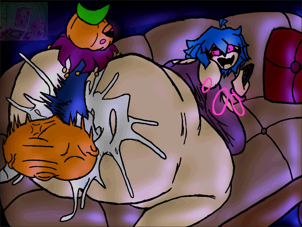 1boy, 1girls, anal, armless, ass, ass bigger than head, bare ass, black goo, black sclera, blue hair, bottomless, bubble ass, bubble butt, couch sex, cum, cum in ass, cum splatter, droopy (theshammah), female, floating hands, goosebumps (theshammah), halloween, male, newgrounds, pink eyes, psych0nutz, pumpkin, sex, skullvert, small but hung, smaller male, straight, tagme, tank top, tv lighting