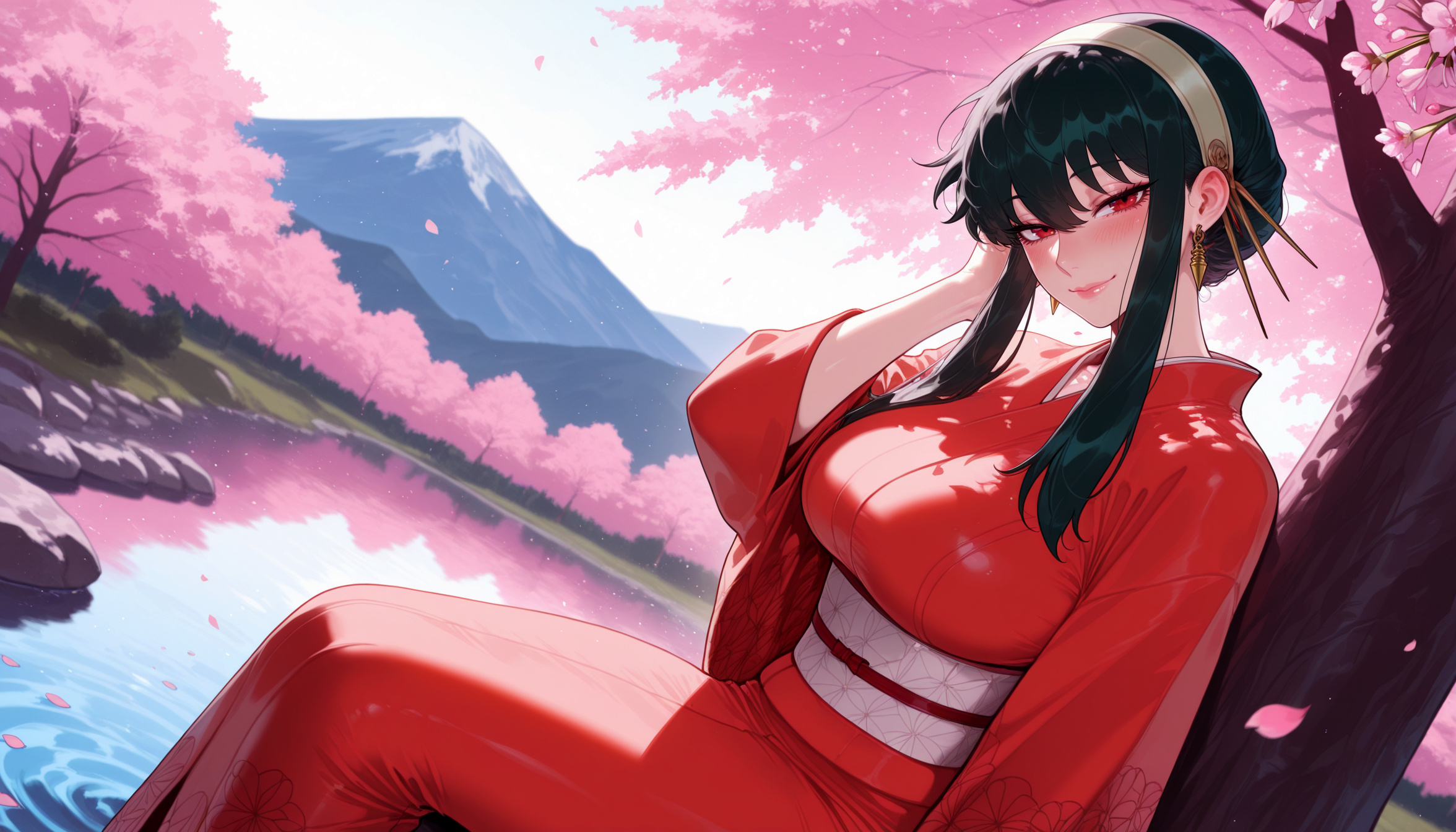 1girls, ai generated, balecxi, bangs, black hair, blush, breasts, cherry blossom, cherry blossoms, closed mouth, clothing, curvaceous, curvaceous female, curvaceous figure, curvy, curvy figure, day, earrings, falling petals, female, female focus, female only, floral print, flower, gold earrings, gold hairband, grey hairband, hair between eyes, hairband, hand in own hair, hand up, japanese clothes, jewelry, kimono, lake, large breasts, lips, long hair, long sleeves, looking at viewer, mountain, obi, outdoors, petals, pond, print kimono, red eyes, red kimono, robe, rock, sash, short hair with long locks, sidelocks, sitting, smile, solo, spy x family, traditional clothes, tree, voluptuous, voluptuous female, wafuku, water, white hairband, wide sleeves, yor briar, yor forger