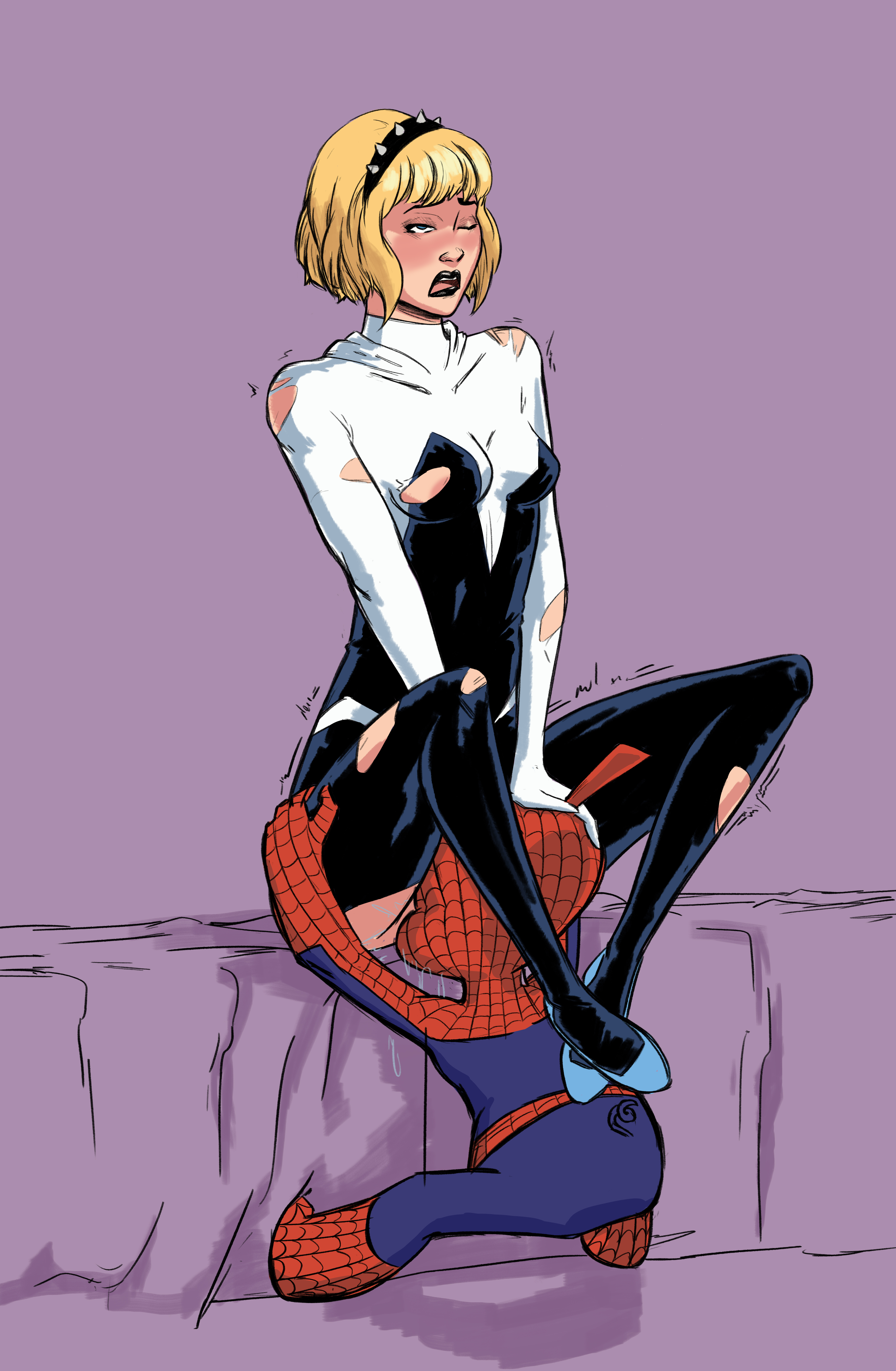 clothing, cunnilingus, female, gwen stacy, hairband, male, marvel, marvel comics, oral sex, peter porker, pig, ripped clothing, saibutts (artist), spider-gwen, spider-ham, spider-man (series), unseen male face, zoophilia