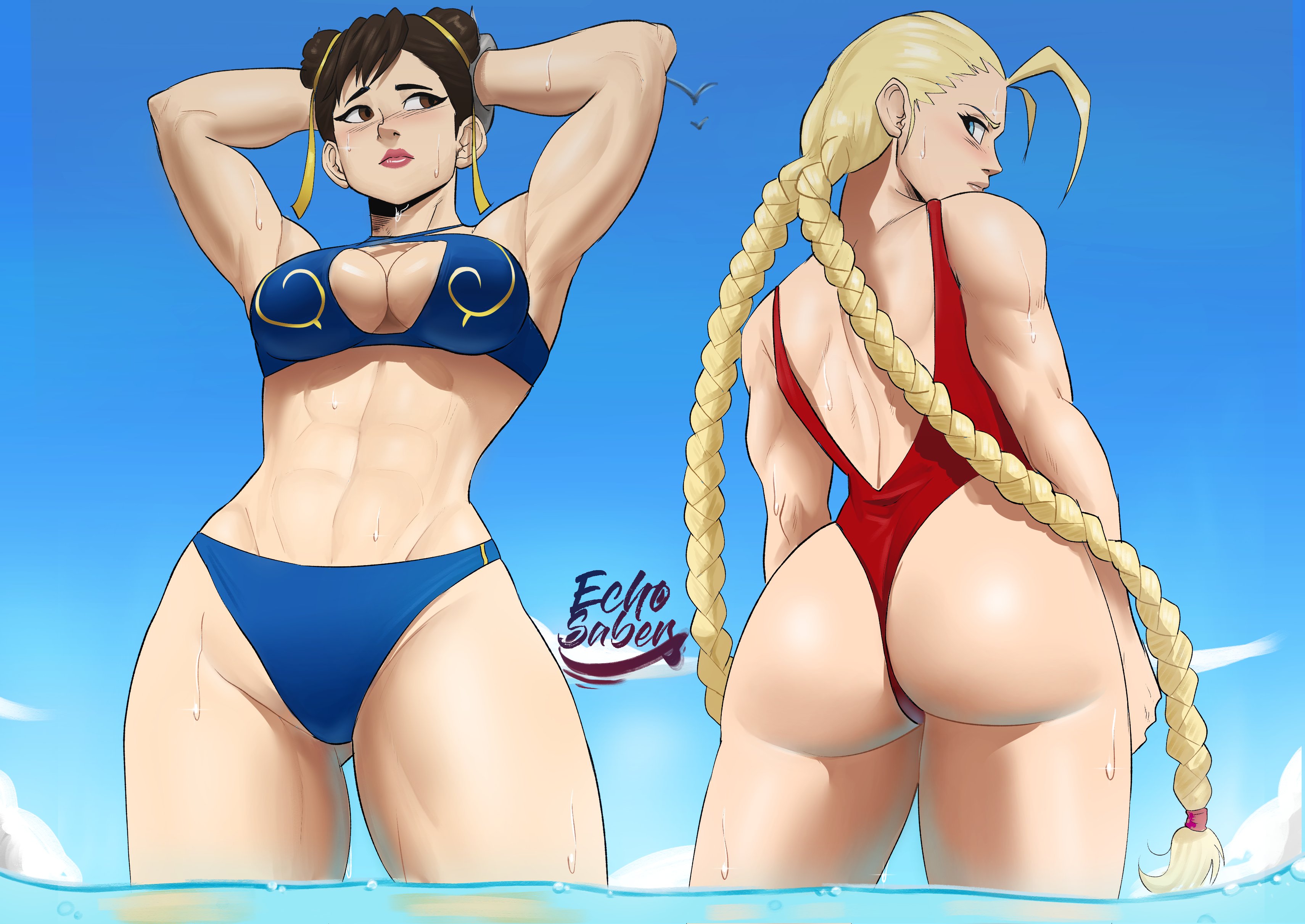 2girls, abs, ass, beach, bikini, blonde hair, blue eyes, blue sky, blush, blushing, braid, braided hair, breasts, brown eyes, brown hair, cammy white, chun-li, cleavage, clothed, clothed female, clothes, clothing, clouds, color, colored, day, dutch angle, echosaber, embarrassed, female, female only, fully clothed, human, human only, large breasts, long hair, looking back, midriff, multiple females, multiple girls, muscular, muscular female, one-piece swimsuit, outdoors, outside, revealing clothes, sky, spiked bracelet, street fighter, sweat, sweating, swimsuit, thick thighs, uncensored, very long hair, water, wet