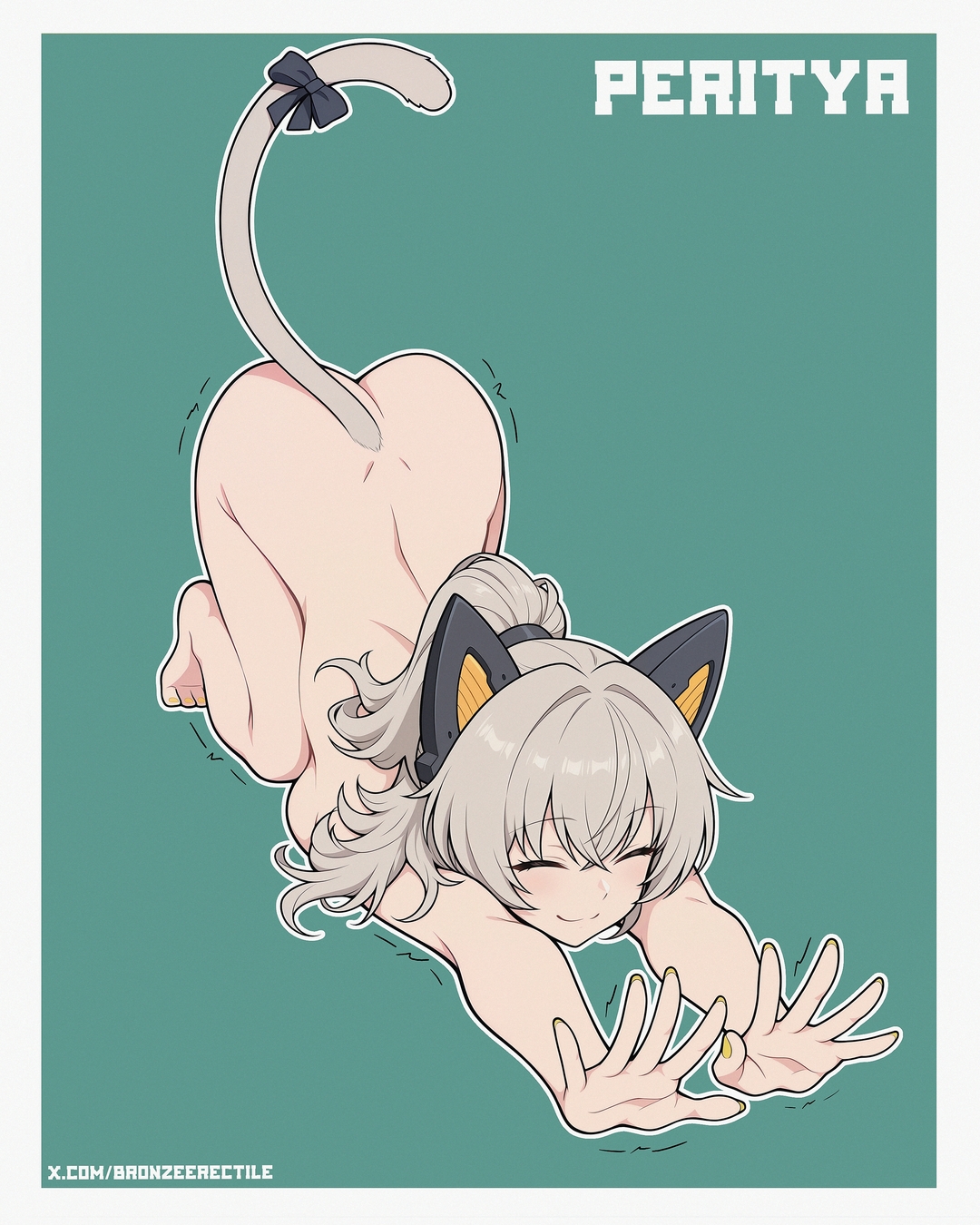 1girls, ass, ass up, back, bottomless, breasts, bronzeerectile, buronjin, cat ears, cat girl, cat tail, catgirl, closed eyes, convenient censoring, female, female only, girls' frontline, girls' frontline 2: exilium, grey hair, kneeling, naked, nude, peritya (girls' frontline 2), pinup, ponytail, sideboob, smile, stretching, tail ribbon, text, topless