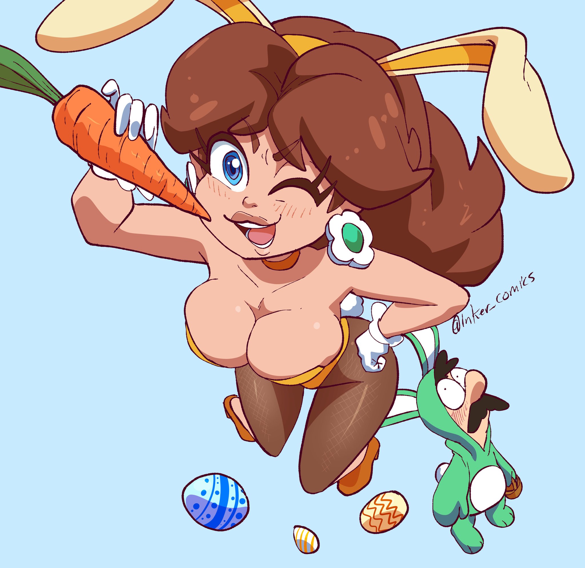 1boy, 1girls, blue eyes, blush, breasts, brown hair, bunny daisy, bunny ears, bunny girl, bunnysuit, carrot, carrot (mario), cleavage, clothing, duo, earrings, easter, easter egg, egg, female, flower earrings, inker, inker comics, inkershike, jump, looking at viewer, looking up, luigi, male, mario (series), nintendo, open mouth, princess daisy, super mario land, super mario land 2, upper body, voluptuous, voluptuous female