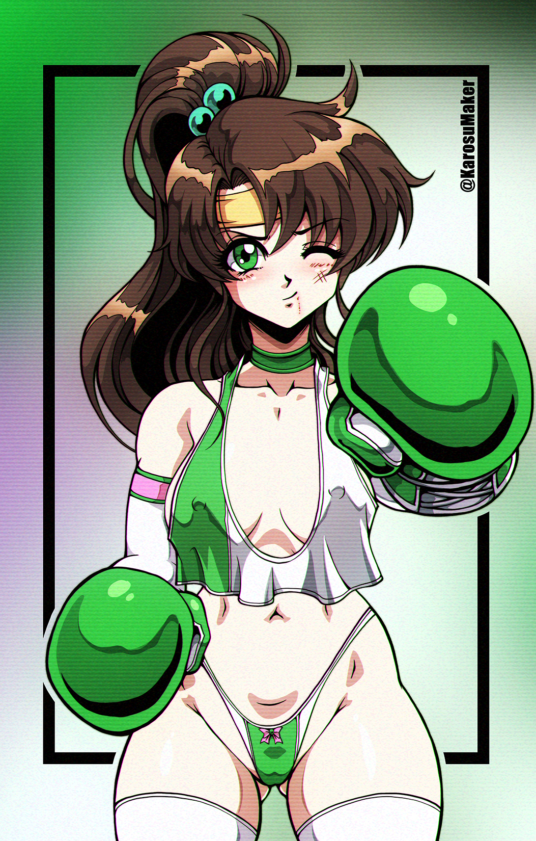 1girls action_pose areolae arm_warmers armwear ass_visible_through_thighs bare_shoulders big_breasts bishoujo_senshi_sailor_moon blush boxing boxing_gloves breasts brown_hair bruise busty choker cleavage clothing collar crop_top curvy curvy_figure dark_brown_hair elbow_gloves erect_nipples eyebrows_visible_through_hair female female_focus female_only front_view g-string gloves green_boxing_gloves green_eyes green_gloves hair_between_eyes headband hourglass_figure karosu-maker large_breasts legwear light-skinned_female light_skin looking_at_viewer loose_clothes makoto_kino nipple_bulge nipples nipples_visible_through_clothing nudity one_eye_closed pale-skinned_female pale_skin panties ponytail pose posing shiny_hair simple_background skimpy skimpy_clothes small_breasts solo solo_female stockings tank_top thick thick_thighs thighhighs thighs thong tied_hair wide_hips wink