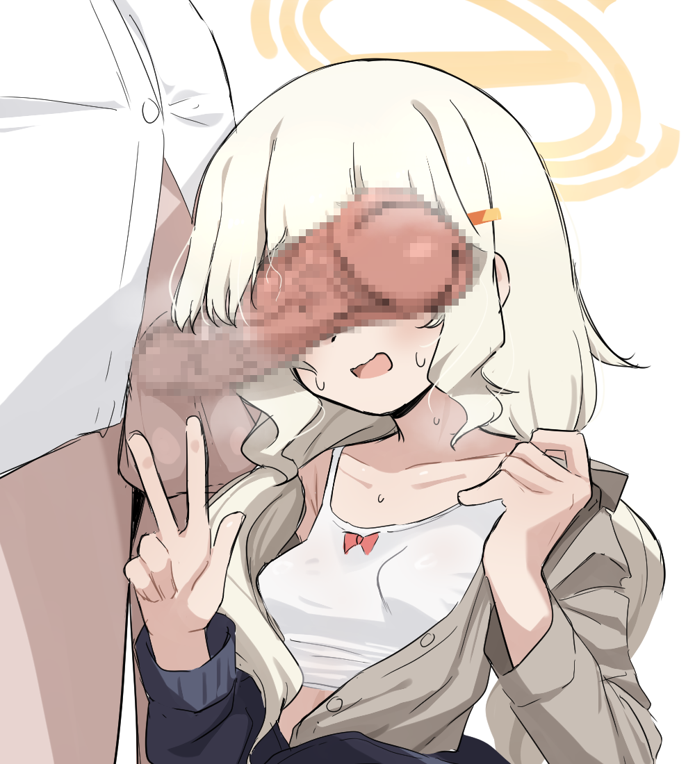 1boy aoba_(blue_archive) balls blonde_hair blue_archive blush breasts brown_shirt camisole censored center_opening commentary_request donutman female halo long_hair long_sleeves male mosaic_censoring open_mouth penis penis_on_face shirt simple_background small_breasts straight sweat testicles w white_background white_camisole white_shirt yellow_halo