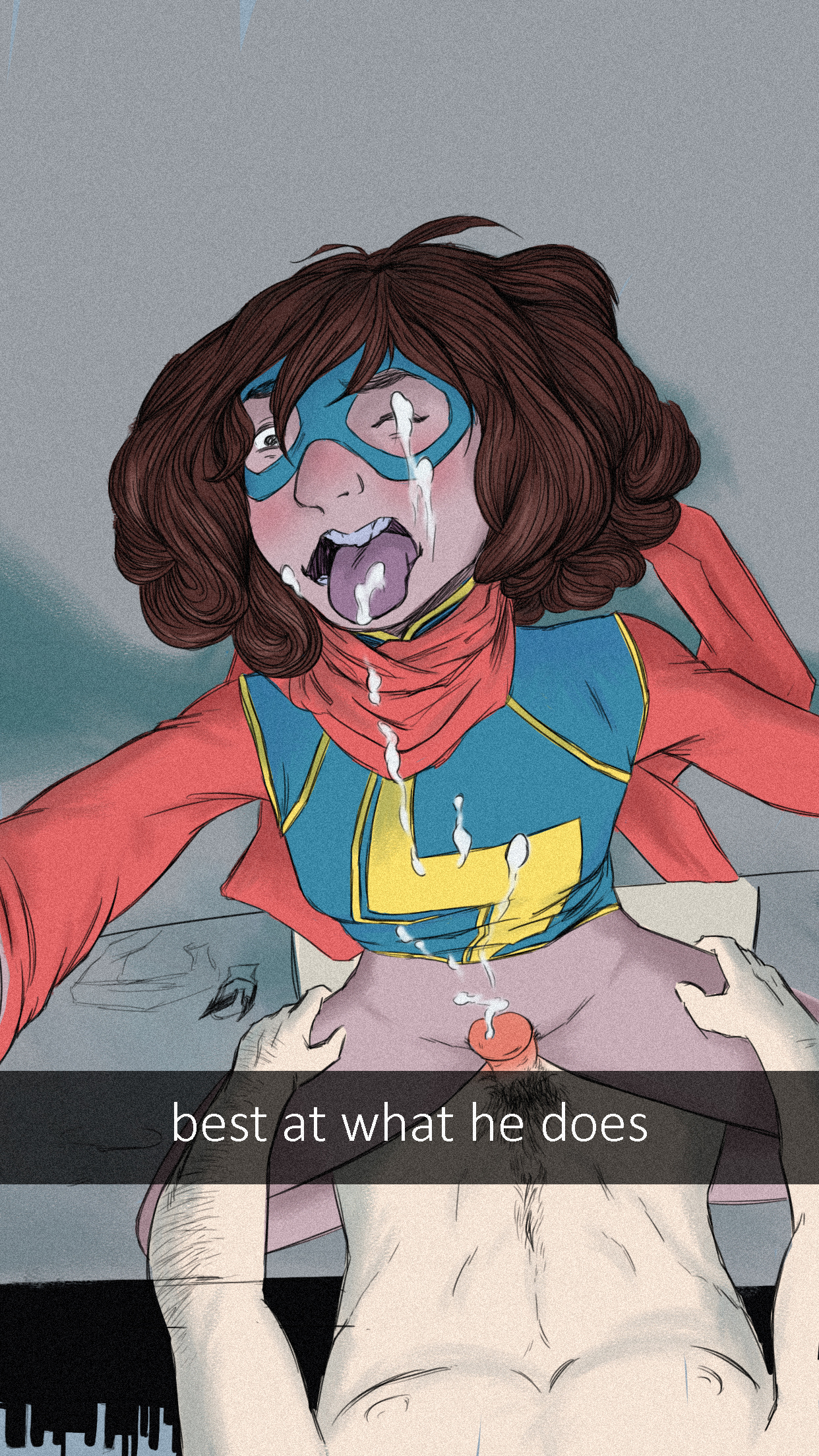 after sex, clothed female nude male, clothing, cum in eye, cum on body, cum on closed eye, cum on face, dark skin, dark-skinned female, female, human, human only, interracial, kamala khan, light skin, light-skinned male, male, marvel, marvel comics, ms. marvel, muslim, muslim female, open mouth, pakistani, pakistani female, partial male, penis, penis out, pov, pull out, saibutts (artist), selfie, snapchat, straight, tongue
