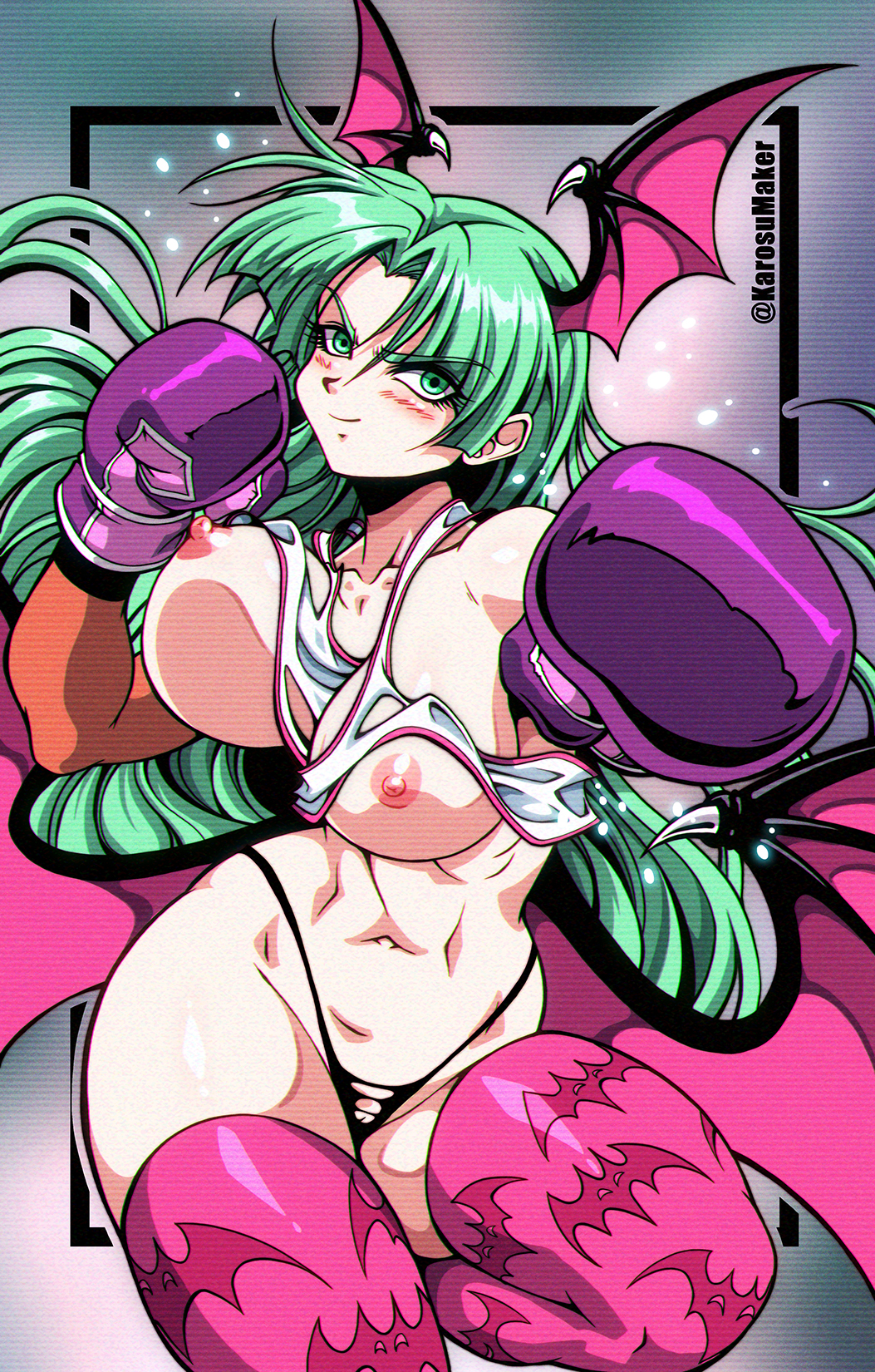 1girls action_pose areolae arm_warmers armwear barely_visible_genitalia big_breasts blush boxing boxing_gloves breasts busty capcom clothed clothing curvy curvy_figure darkstalkers elbow_gloves erect_nipples eyebrows_visible_through_hair female female_focus female_only g-string gloves hair_between_eyes headwear hourglass_figure human karosu-maker large_breasts legwear light-skinned_female light_skin long_hair looking_at_viewer morrigan_aensland mostly_nude nipples nude nudity pale-skinned_female pale_skin panties pose posing purple_boxing_gloves purple_gloves simple_background skimpy skimpy_clothes smile solo solo_female stockings succubus tank_top thick thick_thighs thighhighs thighs thong turquoise_eyes turquoise_hair very_long_hair wide_hips