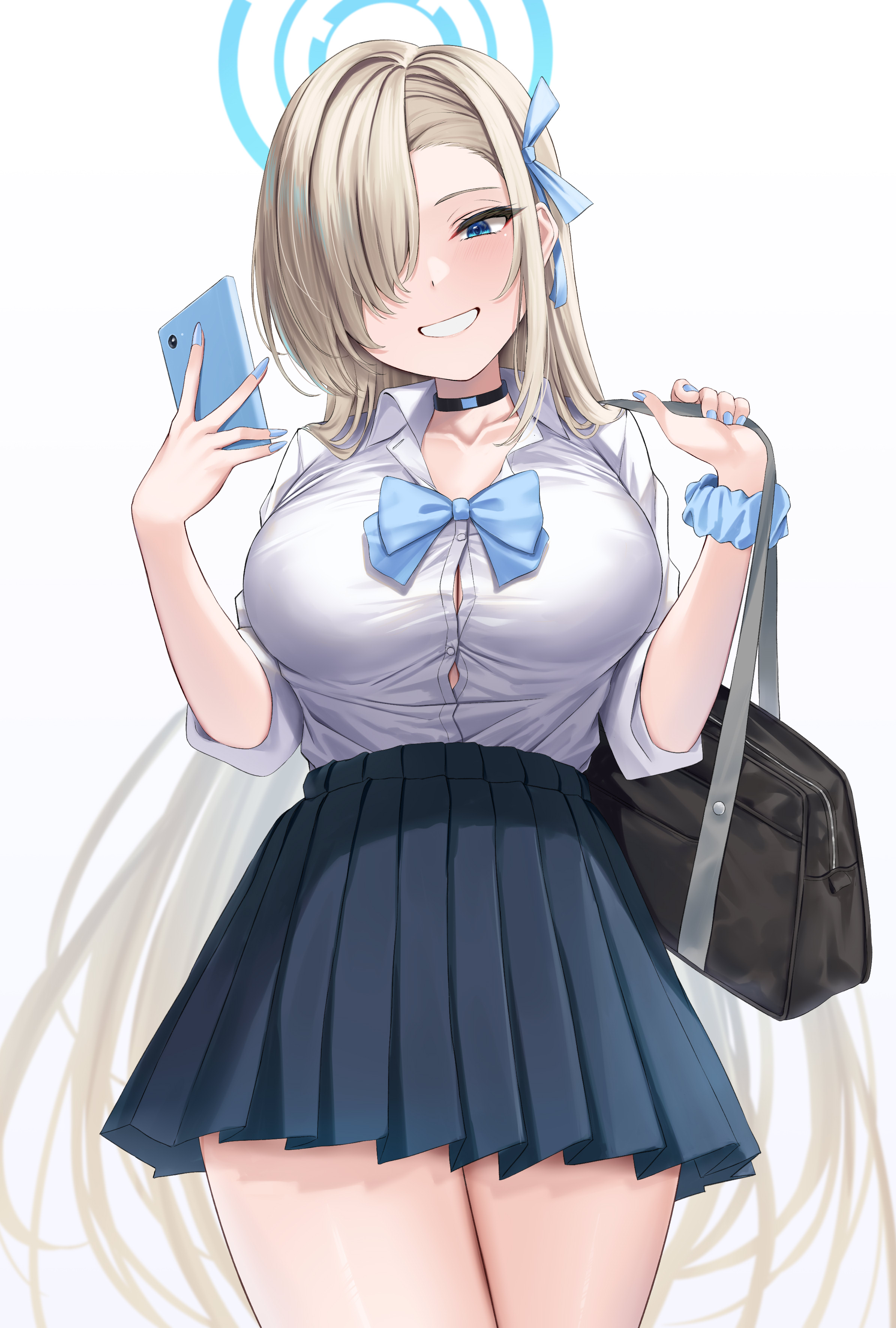 absurdres, asuna (blue archive), asuna (school uniform) (blue archive), asymmetrical bangs, bag, black choker, blonde hair, blue archive, blue ribbon, blush, breasts, choker, commentary, cowboy shot, female, hair ornament, hair over one eye, halo, highres, holding, holding bag, large breasts, long bangs, long hair, one eye covered, pleated skirt, rama (yu-light8), ribbon, school uniform, scrunchie, sfw, shirt, simple background, skirt, smile, solo, white background