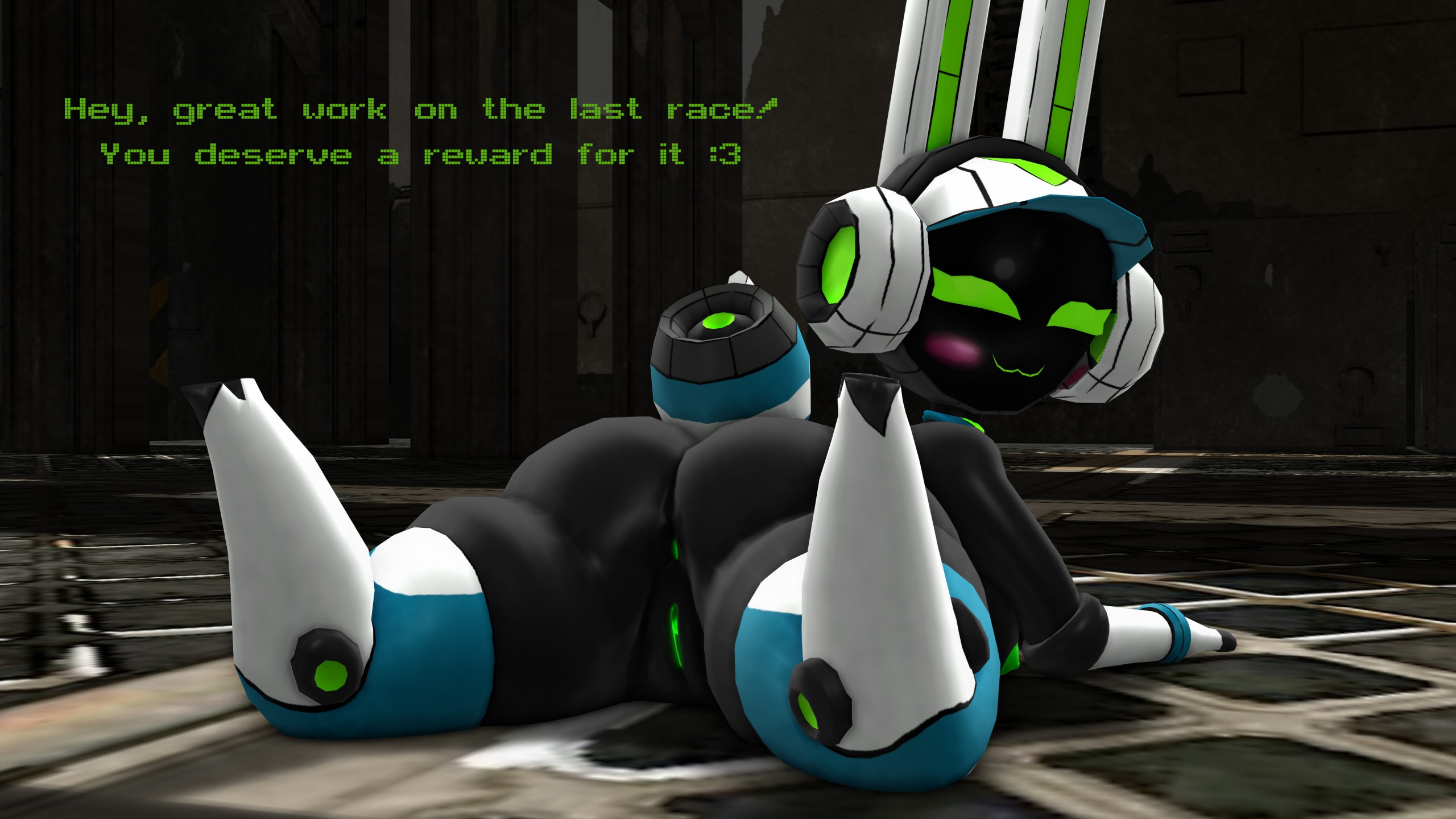 1girls, anthro, big ass, female, female only, mikumikudance, mmd, nude, project turboblast, robot, screen face, silverteam2017, smug face, solo, tempo (project turboblast)