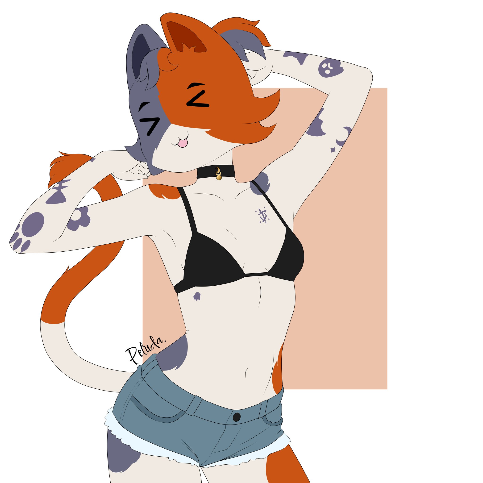 2d, accurate body type, accurate proportions, animal ears, animal tail, armpits, arms up, bikini top, bra, cat ears, cat girl, cat tail, cate meowdy (fortnite), catgirl, clothing, daisy dukes, epic games, female, fortnite, fortnite: battle royale, front view, furry, furry female, furry only, jean shorts, looking at viewer, multicolored hair, peluda, skinny, skinny female, stretching
