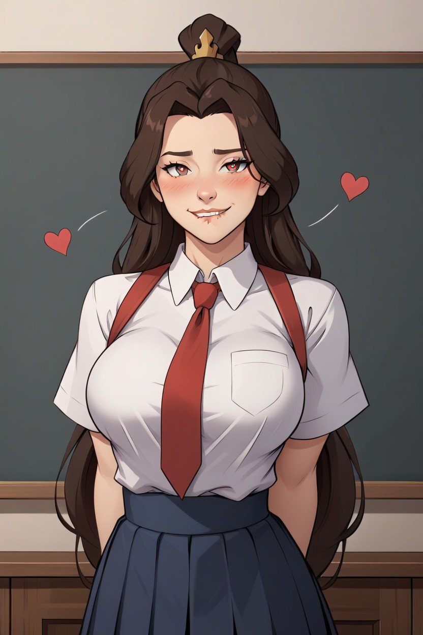 1girls, ai generated, anime, anime girl, avatar the last airbender, biting lip, brown hair, college, female, fire nation, long hair, nickelodeon, school uniform, schoolgirl, straight hair, student, teenage female, ty lee