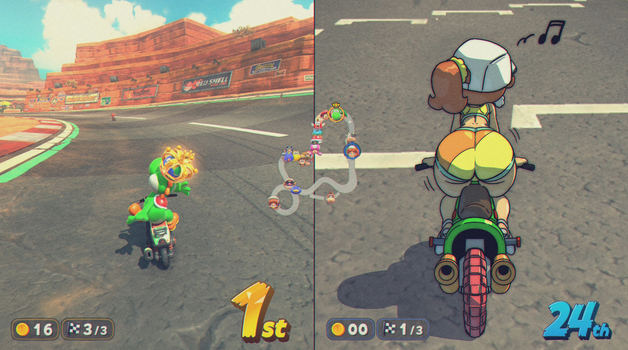 1girls, ass, big ass, big butt, bike, crown, female, green yoshi, mario (series), mario kart, mario kart world, mrjamps, musical note, nintendo, princess daisy, princess daisy (swimwear), tagme, yoshi