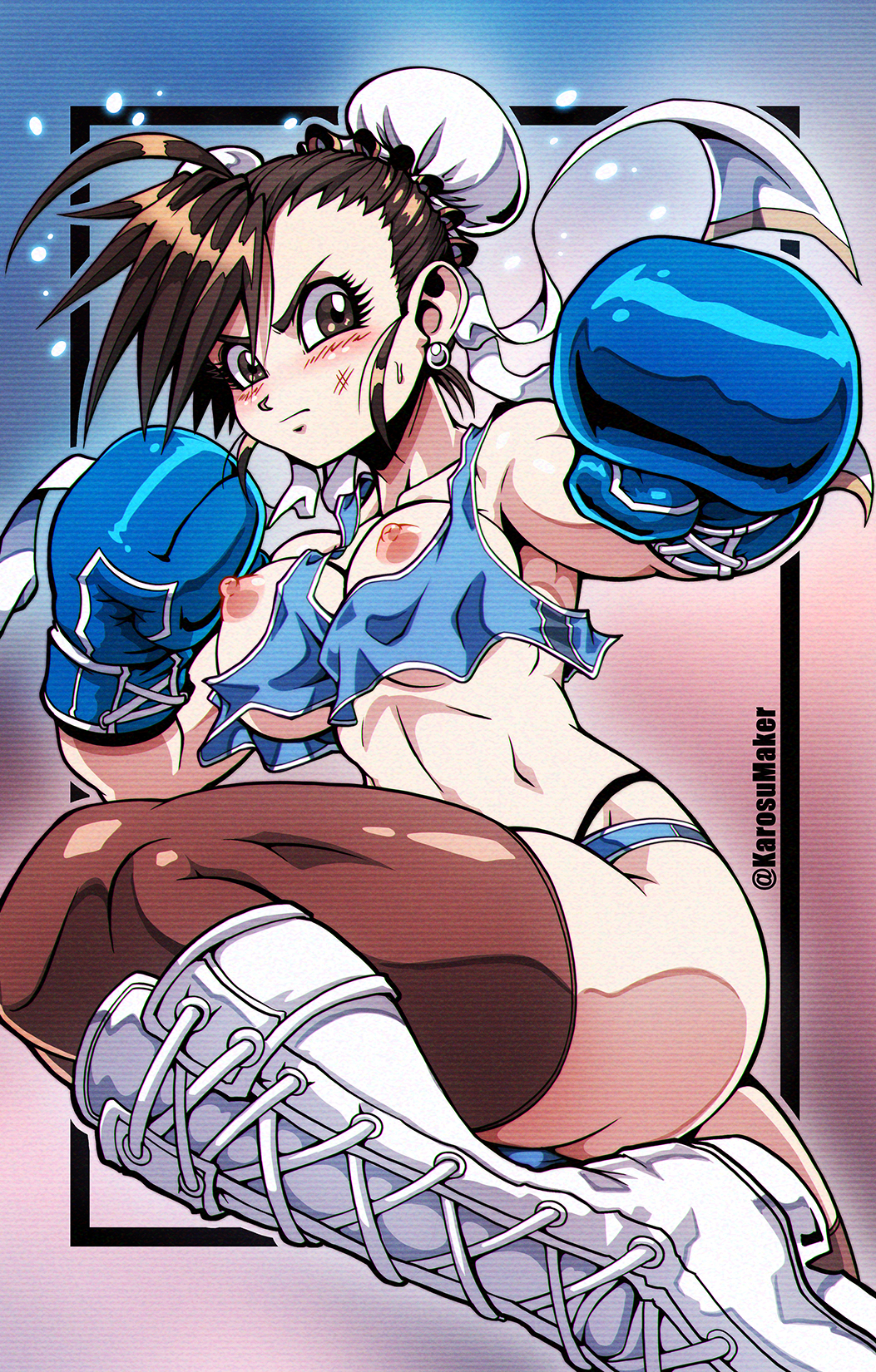 1girls, action pose, angry, areolae, big breasts, big thighs, blue boxing gloves, blue gloves, blue panties, blush, boots, boxing, boxing gloves, breasts, brown eyes, brown hair, bruise, busty, capcom, chun-li, curvy, curvy figure, dark brown hair, earrings, erect nipples, female, female focus, female only, g-string, gloves, hair buns, hourglass figure, karosu-maker, large breasts, legwear, light skin, light-skinned female, looking at viewer, nipples, nude, nudity, pale skin, pale-skinned female, panties, pose, posing, simple background, skimpy, skimpy clothes, solo, solo female, street fighter, sweatdrop, tank top, thick, thick thighs, thighhighs, thighs, thong, wide hips
