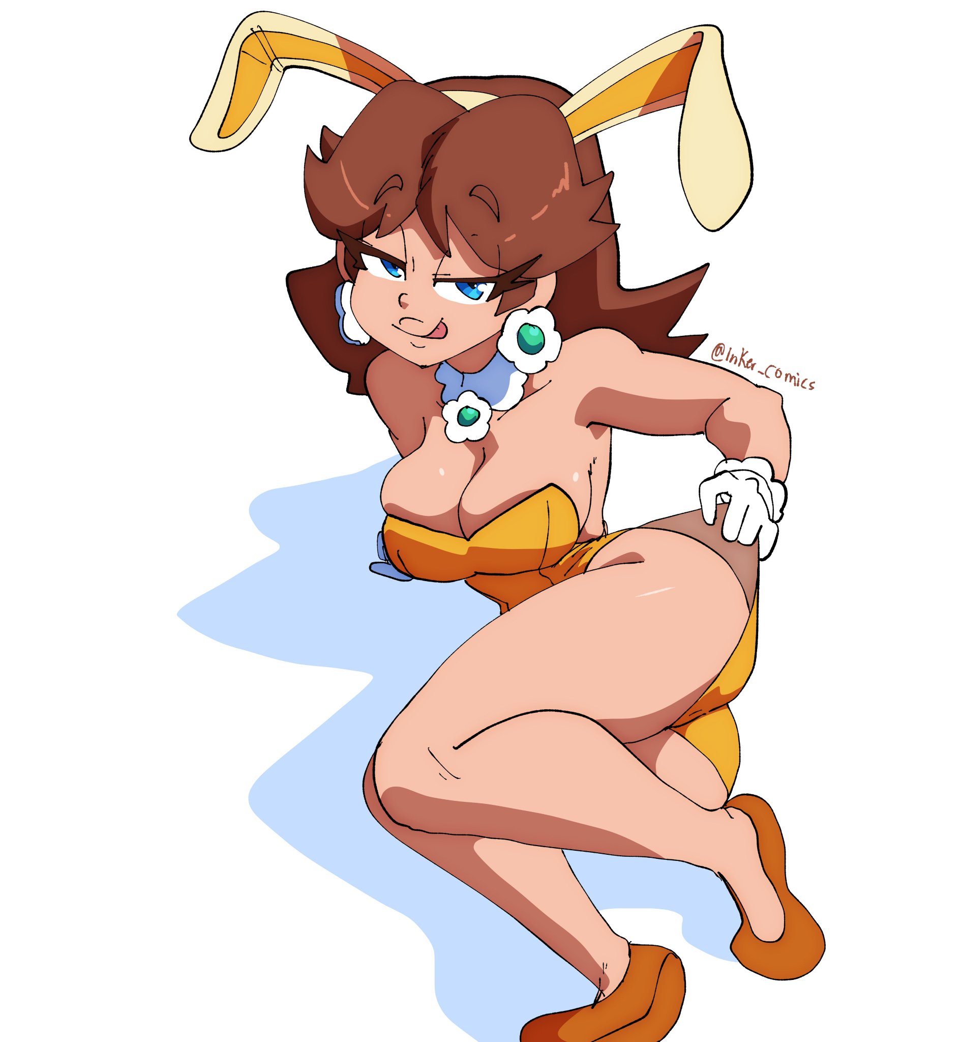breasts, bunny daisy, bunny ears, bunny girl, bunnysuit, carrot, coolerinker, easter, easter egg, female, flats, inker comics, inkershike, jump, licking lips, mario (series), playboy bunny, posing, princess daisy, shoes, super mario bros., super mario land, super mario land 2, upper body, white background