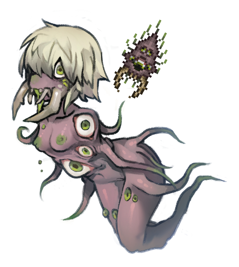 areola body_horror breasts eater_of_souls_(terraria) female genitals green_areola green_eyes green_nipples hair humanoid mandibles monster monster_girl monster_girl_(genre) monstrous_humanoid nipples nude nyong_nyong pussy reference_inset simple_background solo terraria white_background