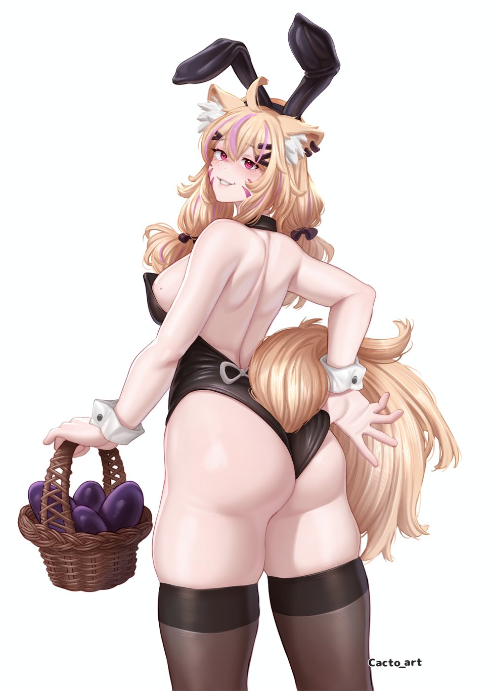 ahoge, animal ears, apple, ass, back, bangs, bare shoulders, basket, black legwear, black leotard, blonde hair, blush, bow, breasts, bunny ears, bunny tail, bunnysuit, cacto art, carrot, cowboy shot, detached collar, eyebrows visible through hair, fake animal ears, female, food, fruit, grin, hair between eyes, hair ornament, hairband, hairclip, large breasts, leotard, long hair, looking at viewer, looking back, low twintails, low-tied long hair, red eyes, scar, simple background, skindentation, smile, solo, squchan (vtuber), standing, strapless, strapless leotard, striped, tail, teeth, thighhighs, thighs, twintails, vegetable, very long hair, virtual youtuber, vyugen, white background, wrist cuffs, x hair ornament