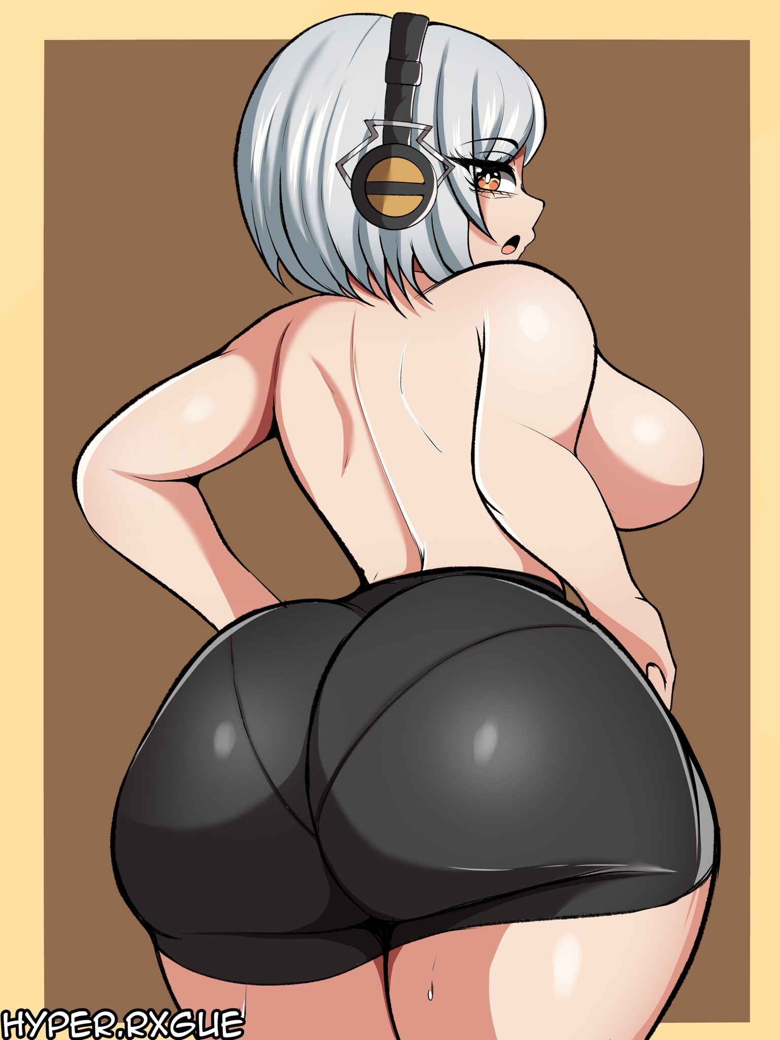 1girls, anby demara, ass, big ass, bottom heavy, breasts, bubble ass, bubble butt, fat ass, female, female only, gluteal fold, headphones, huge ass, hyperrxgue, large ass, looking at viewer, looking back, massive ass, pantylines, shorts, solo, thick ass, thick thighs, topless, white hair, wide hips, yellow eyes, zenless zone zero