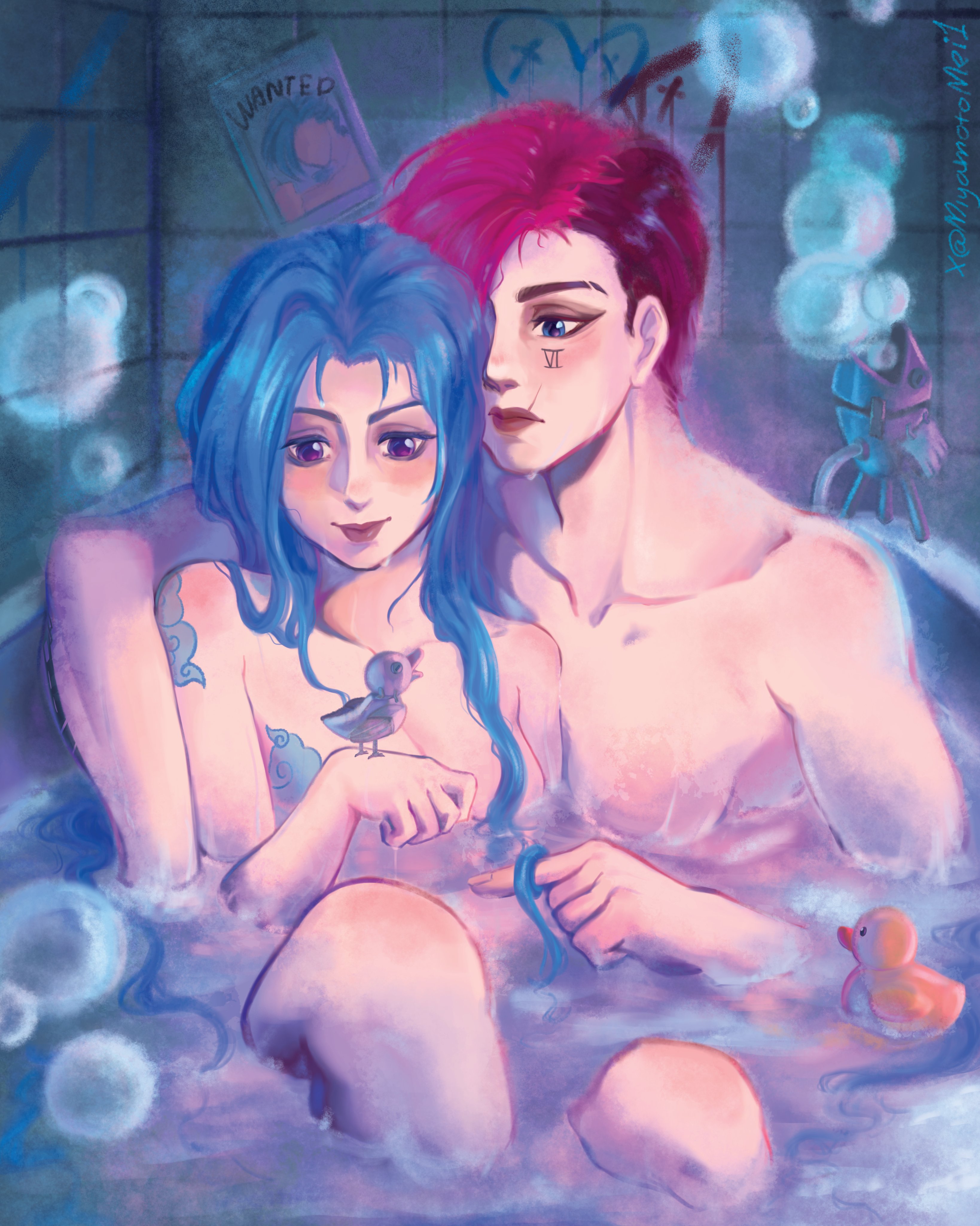 2d, 2girls, arcane, arcane jinx, arcane vi, athletic, athletic female, bath, bathing, bathing together, blue eyes, blue hair, breasts, bubbles, cuddling, female, female only, fit, fit female, incest, jinx (league of legends), league of legends, long hair, miyamotomei1, muscular, muscular female, nude, petite, pink eyes, pink hair, playing with hair, rubber duck, scar, siblings, sisters, size difference, tattoo, tattoos, vi, water, wet, wholesome, yuri
