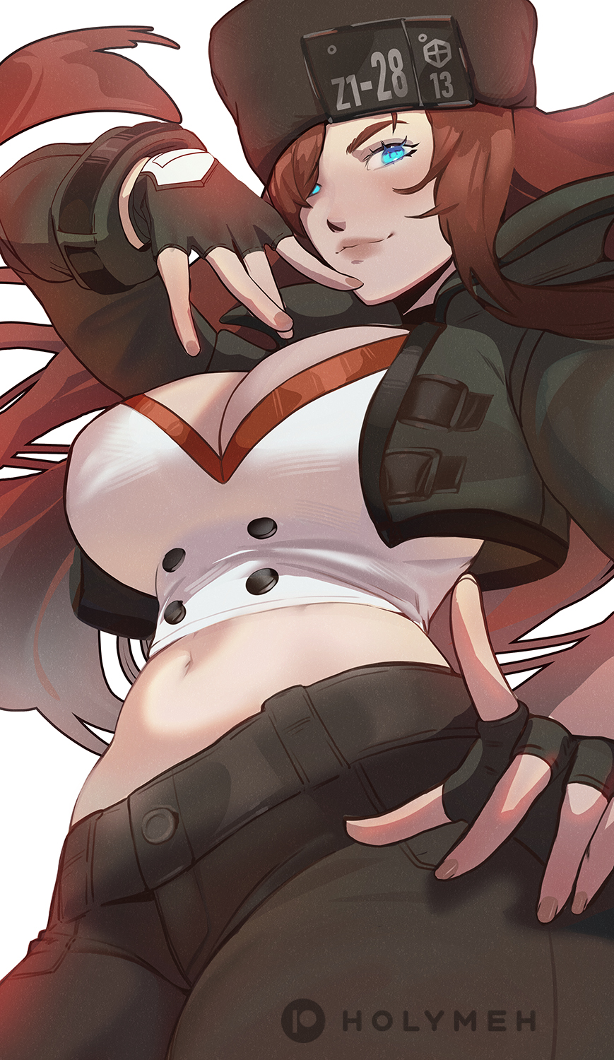 belly, breasts, female, fur hat, guilty gear, hat, holy meh, holymeh, large breasts, millia rage, red hair, ushanka