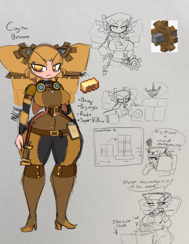 1girls, arms to side, breasts, cdk, cogita (mechacarnis), create (minecraft mod), create mod (minecraft), design sheet, female, female only, mechacarnis, minecraft, minecraft mod, reference image, standing, steampunk, wide hips, yellow eyes