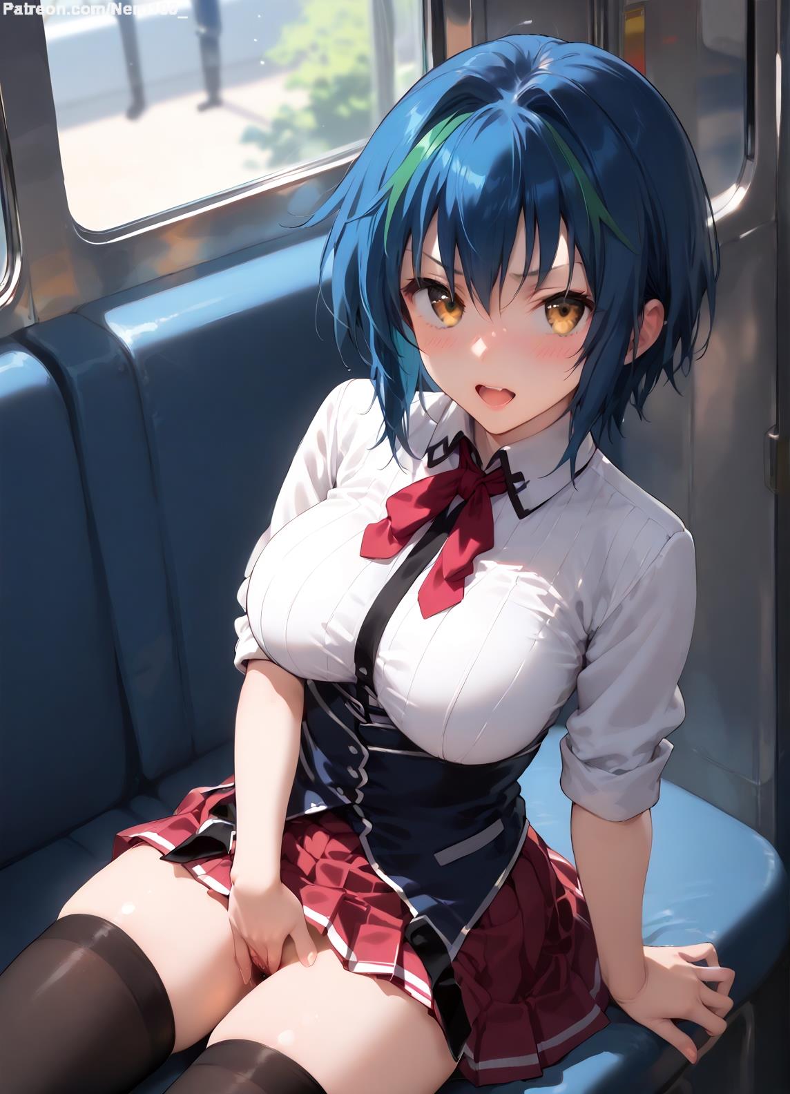 1girls, 2d, ai generated, ass, athletic, athletic female, bare shoulders, belly, big breasts, blue hair, breasts, chest, curvy, curvy figure, cute, cute face, detailed, eyelashes, eyeshadow, female, female only, fingering, fit, fit female, focus, green eyes, high quality, high school dxd, huge breasts, legs, light skin, light-skinned female, lips, lipstick, looking at viewer, makeup, mascara, masturbation, medium hair, midriff, navel, nero100, pale skin, pale-skinned female, posing, public, public masturbation, pussy, sagging breasts, seductive, seductive look, short hair, spiky hair, stable diffusion, tagme, thighs, thin thighs, thin waist, train, vagina, xenovia quarta, yellow eyes