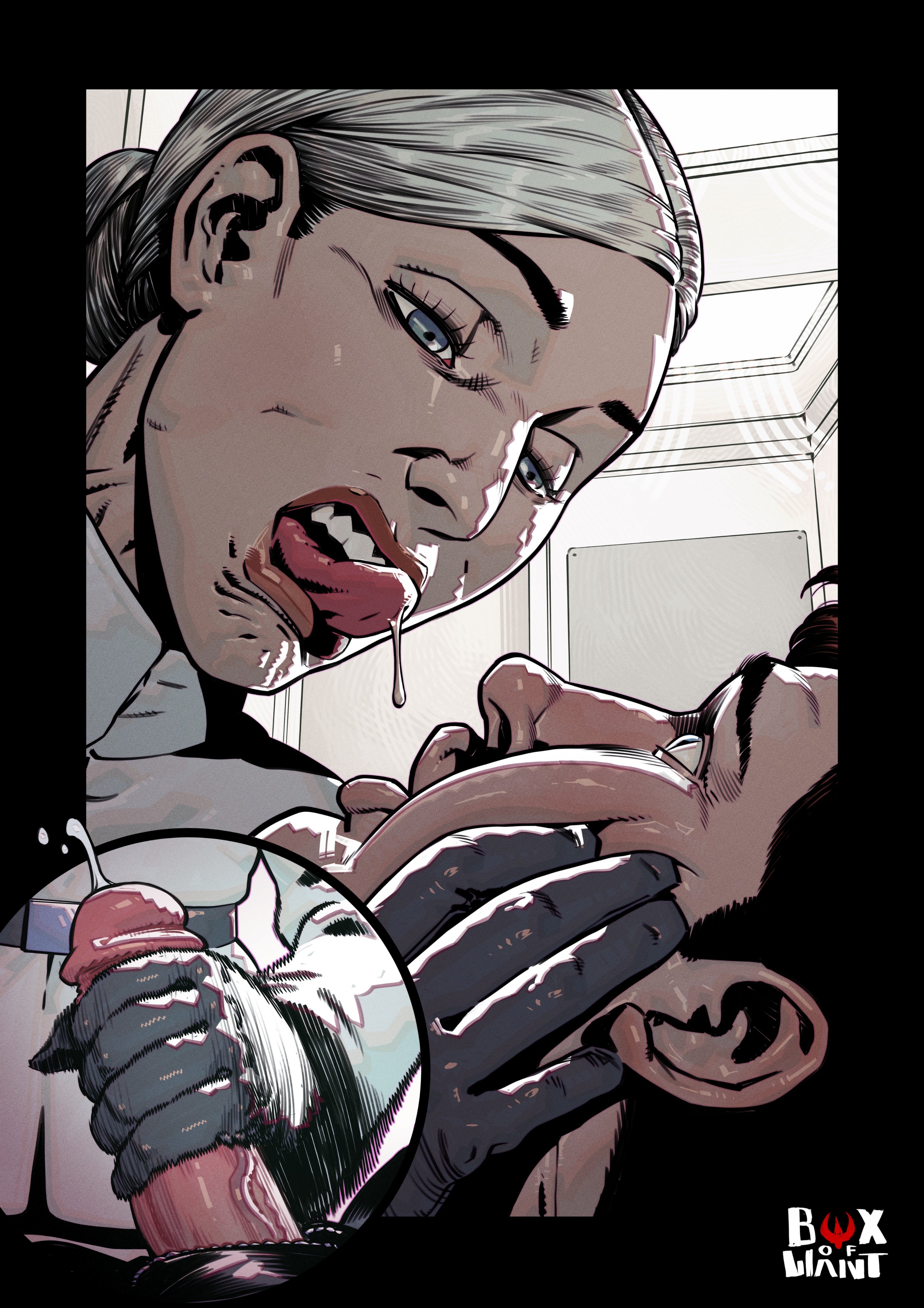 1boy, 1girls, 2d, background, belt, blonde female, blonde hair, blue eyes, bodily fluids, boxofwant, canon couple, close-up, clothed, clothed female, clothed sex, clothing, color, couple, cruel, cum, dedra meero, dominant, dominant female, drooling, drooling into mouth, duo, ears, ejaculation, eyelashes, female, femdom, genitals, gloved handjob, gloved hands, gloves, grabbing face, hair, hair bun, handjob, head grab, holding, human, human female, human male, human only, imperial officer (star wars), light skin, light-skinned female, light-skinned male, long sleeves, male, malesub, military uniform, motion lines, open clothes, open mouth, open pants, penis, penis out, saliva, saliva drip, side view, simple background, sleeves, spit, spitting, spitting in mouth, star wars, star wars: andor, straight, submissive, submissive male, syril karn, teeth, tied hair, tongue, tongue out, uniform, unzipped, unzipped pants, watermark, white background, white clothing, zipper, zoom layer