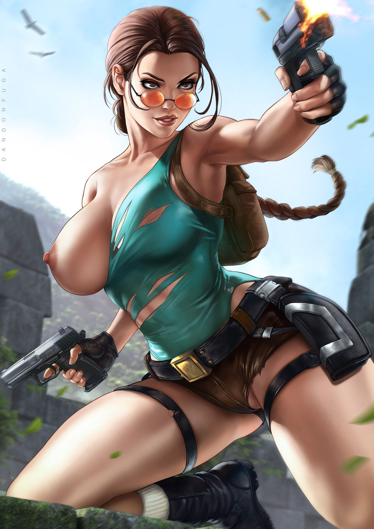 areolae, armpit, bare shoulders, belt, boots, braid, breasts, breasts out of clothes, brown hair, collarbone, dandon fuga, exposed breasts, female, female focus, female only, firearm, footwear, gun, hair over face, handgun, lara croft, lara croft (classic), long hair, looking over eyewear, looking over glasses, one breast out, outdoors, outside, red-tinted eyewear, ripped clothing, shorts, smile, sunglasses, tagme, thighs, tinted eyewear, tomb raider, tomb raider (classic), toned, weapon