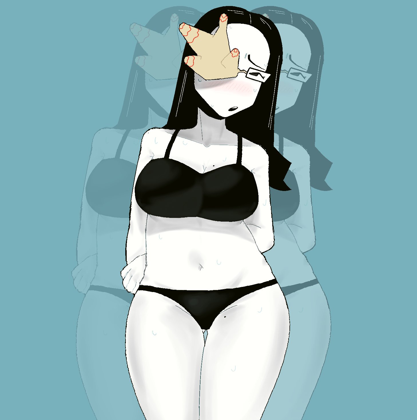 1girls, ass, big ass, big breasts, big thighs, black hair, blush, bra, breasts, chubby, chubby female, coral, coral glasses, dream bbq, embarrassed, embarrassed female, ena (series), female, female only, glasses, long hair, panties, solo, solo female, spinarooz, sweat, sweatdrop, sweating, tagme, thick thighs, thighs, wide hips