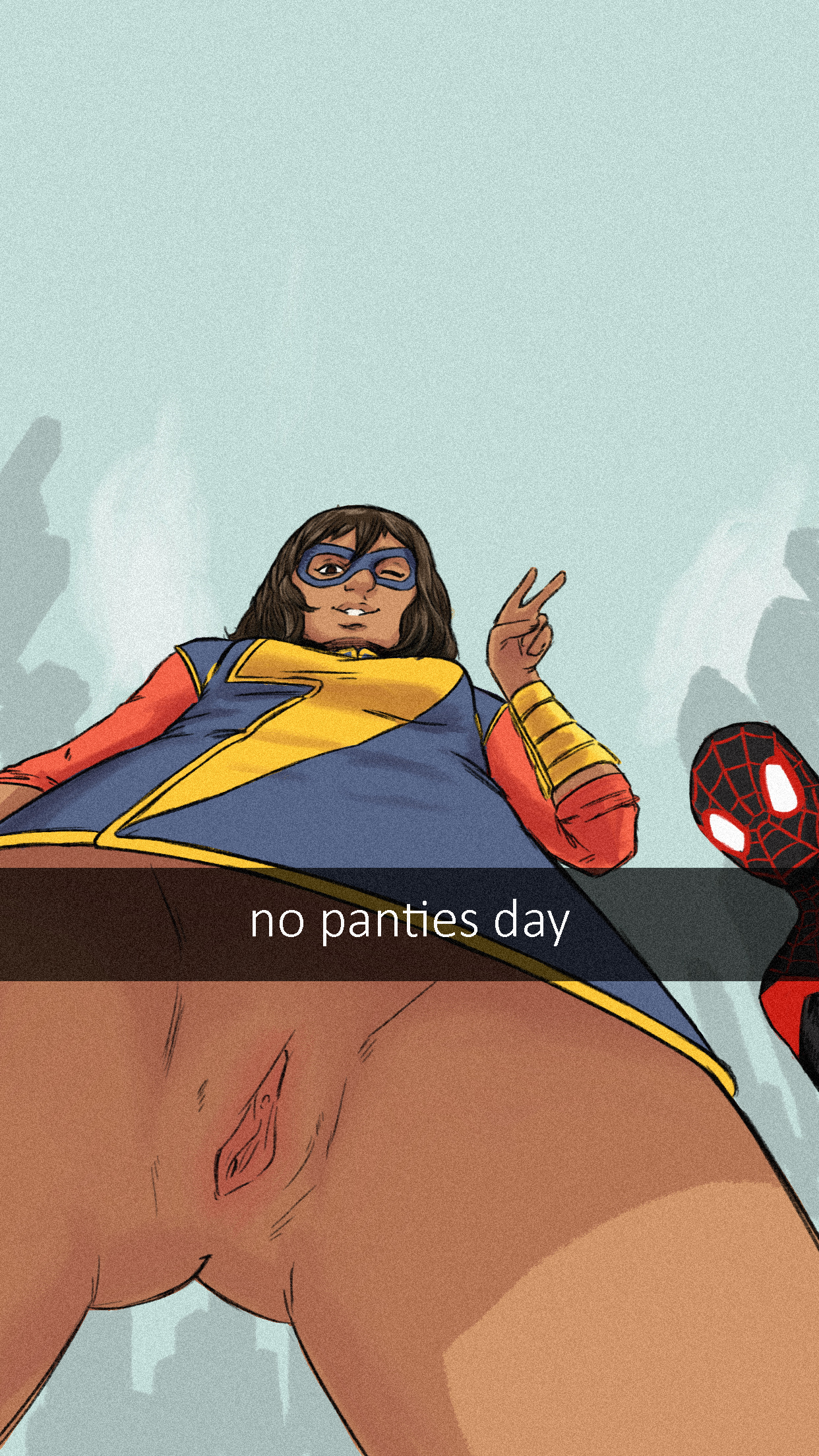 1boy, 1girls, clothing, exhibitionism, exposed pussy, female, going commando, human, kamala khan, looking up, low-angle view, male, marvel, marvel comics, miles morales, ms. marvel, no panties, pants down, public nudity, pussy, saibutts (artist), selfie, snapchat, spider-man (miles morales), straight hair, tagme, unseen male face, upskirt, wink
