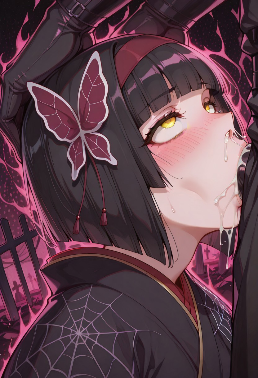 1girls, ai generated, angry dragon, blowjob, civitai, cum, cum in mouth, cum inside, cum leaking, cum leaking out of mouth, cum leaking out of nose, cum out mouth, cum out nose, cum out of nose, deepthroat, ethereal aura, fellatio, female, female focus, hairband, hime cut, hylian r34, kimono, mio (tsuki ga michibiku isekai douchuu), oral, spider web print, spiderweb pattern, tagme, tsuki ga michibiku isekai douchuu