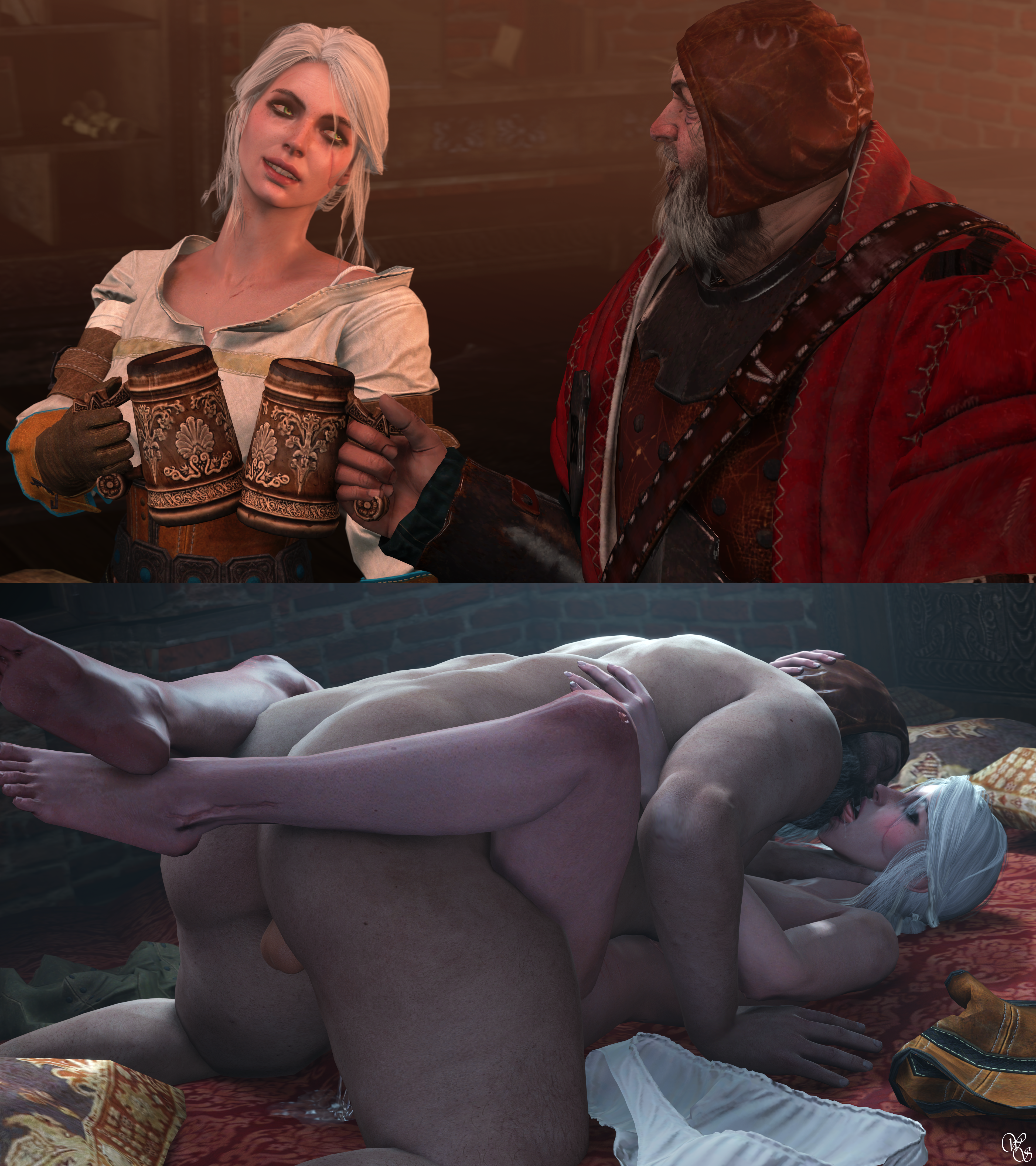 1boy, 1girls, 3d, age difference, alcohol, aroused face, ass, bed, bedroom, breasts, breasts out, brown gloves, cd projekt red, ciri, completely nude, cum, cum in pussy, cum inside, drinking, female, freckles, french kiss, gloves, green eyes, kissing, kissing while penetrated, legs up, light-skinned female, light-skinned male, male, mascara, mating press, mature male, neck grab, nude, older male, on back, penetration, phillip strenger, pussy, scar, sex, strangling, the witcher (series), the witcher 3: wild hunt, vaginal penetration, weebstank, white hair, younger female