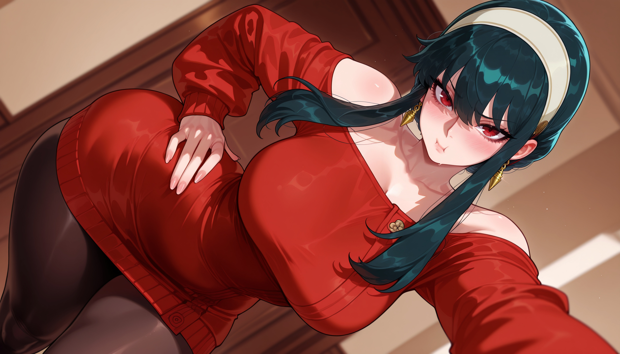 :t, 1girls, ai generated, balecxi, bangs, bare shoulders, black hair, black legwear, black pantyhose, blush, breasts, brown pantyhose, cleavage, closed mouth, clothing, collarbone, curvaceous, curvaceous female, curvaceous figure, curvy, curvy figure, doorway, dress, earrings, female, female focus, female only, gold earrings, hairband, hand on own hip, headwear, indoors, inviting, inviting to sex, jewelry, large breasts, leaning forward, legwear, long hair, long sleeves, looking at viewer, off shoulder, off-shoulder dress, off-shoulder sweater, pantyhose, pout, presenting, presenting ass, presenting breasts, presenting hindquarters, presenting self, red eyes, red sweater, seductive, seductive look, seductive smile, sidelocks, smile, solo, spy x family, sweater, sweater dress, thick thighs, thighs, voluptuous, voluptuous female, white hairband, wide hips, yor briar, yor forger