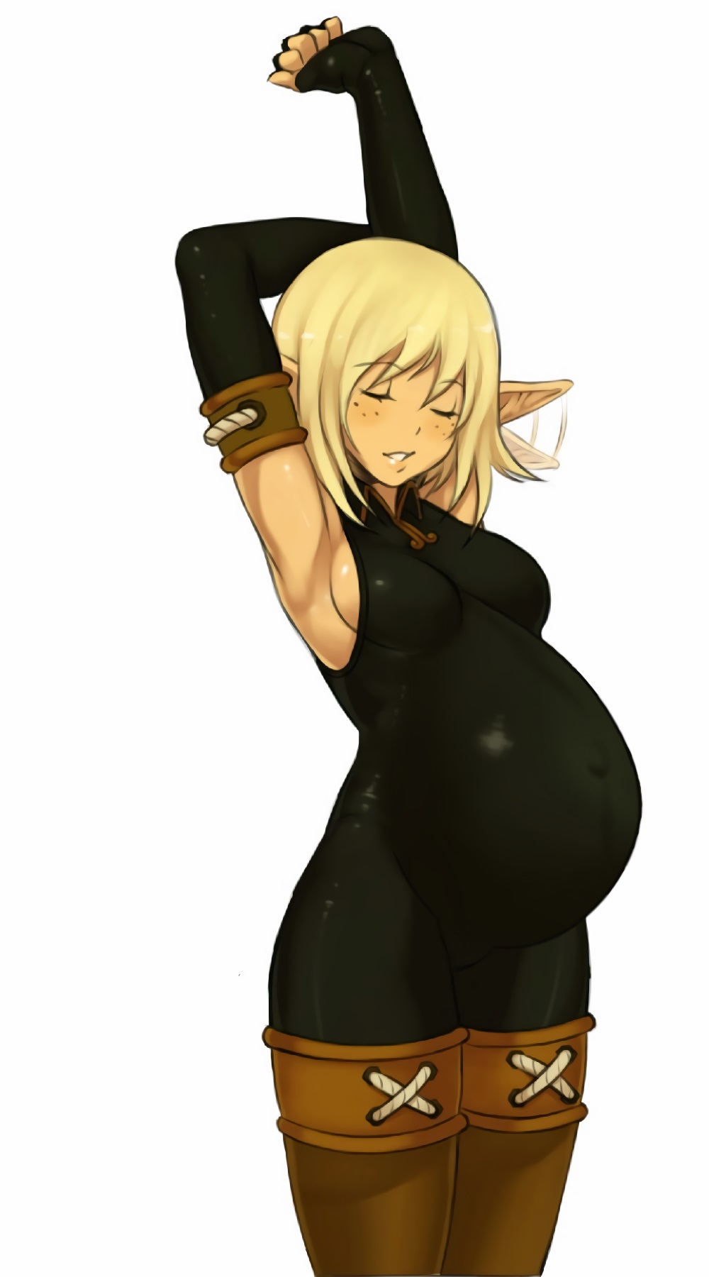 1girls, artist request, big breasts, bodysuit, breasts, canon pregnancy, closed eyes, elves, evangelyne, female, female only, gloves, huge belly, long hair, pregnant, ready to pop, stretching, thigh boots, thighhighs, wakfu, yellow hair