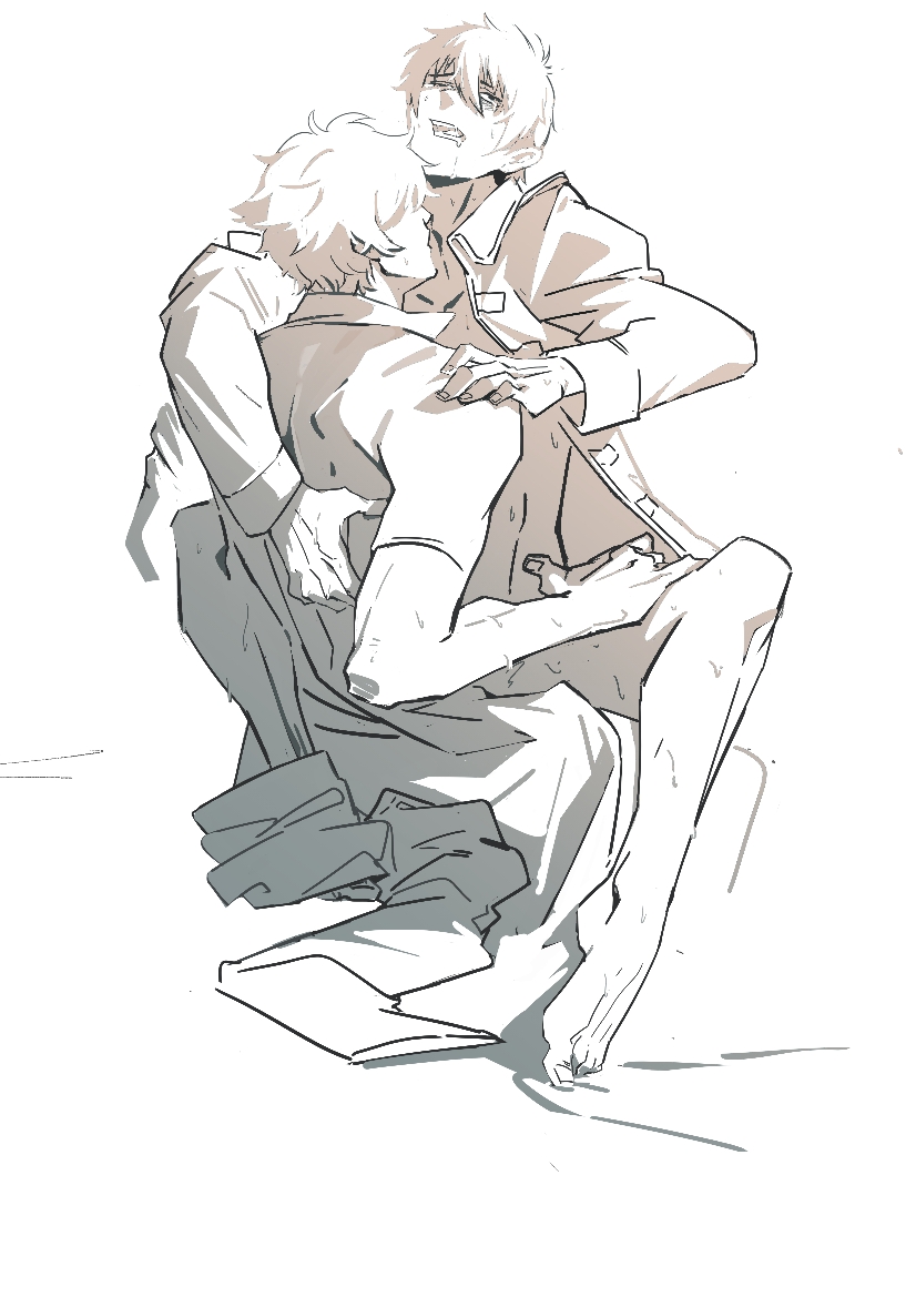 2boys barefoot bottomless gay gintama gintoki_sakata hijikata_toshiro implied_anal implied_sex male male_only monochrome no_visible_genitalia police_officer police_uniform shinsengumi_(gintama) sitting_on_lap sitting_on_person spread_legs sweat upright_straddle yaoi