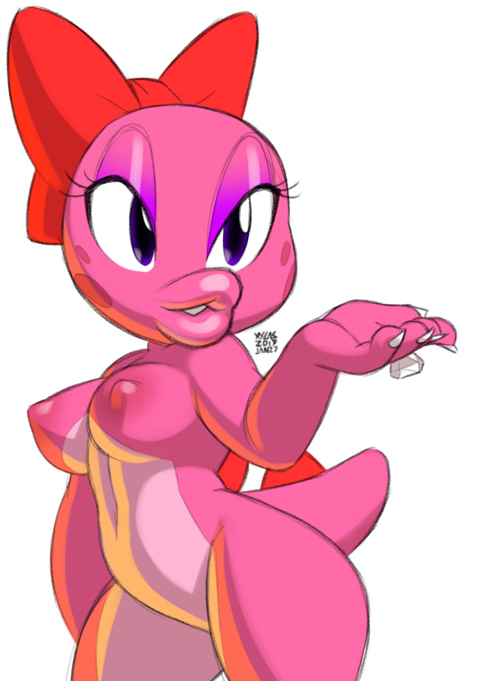 1girls, 2010s, 2019, anthro, anthro only, anthrofied, big bow, birdo, bow, breasts, claws, completely naked, completely nude, digital drawing (artwork), digital media (artwork), dinosaur, erect nipples, eyelashes, eyeshadow, female, female only, girly, hi res, humanoid genitalia, humanoid pussy, humanoid vagina, lips, makeup, mario (series), naked, naked female, nintendo, nipples, nude, nude female, pink body, pink skin, purple eyes, pussy, reptile, ring, signature, simple background, solo, standing, thick lips, thick thighs, vagina, video games, white background, wide hips, xylas