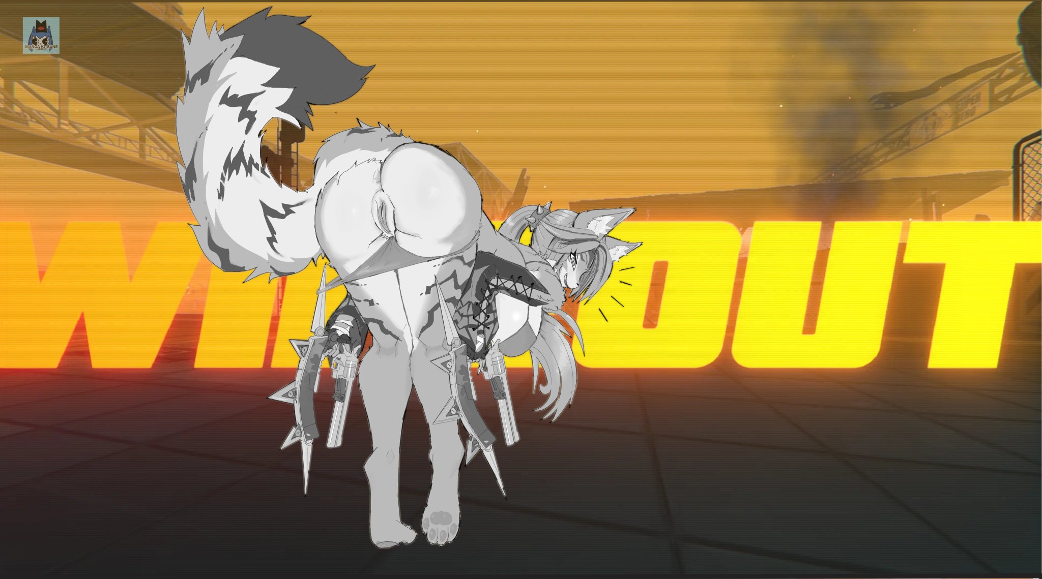 anthro, black and white, colored background, exposed pussy, felid, feline, female, female only, furry, furry female, furry only, furry tail, hoyoverse, mangakitsune2, pulchra fellini, pussy, tail, thiren, zenless zone zero