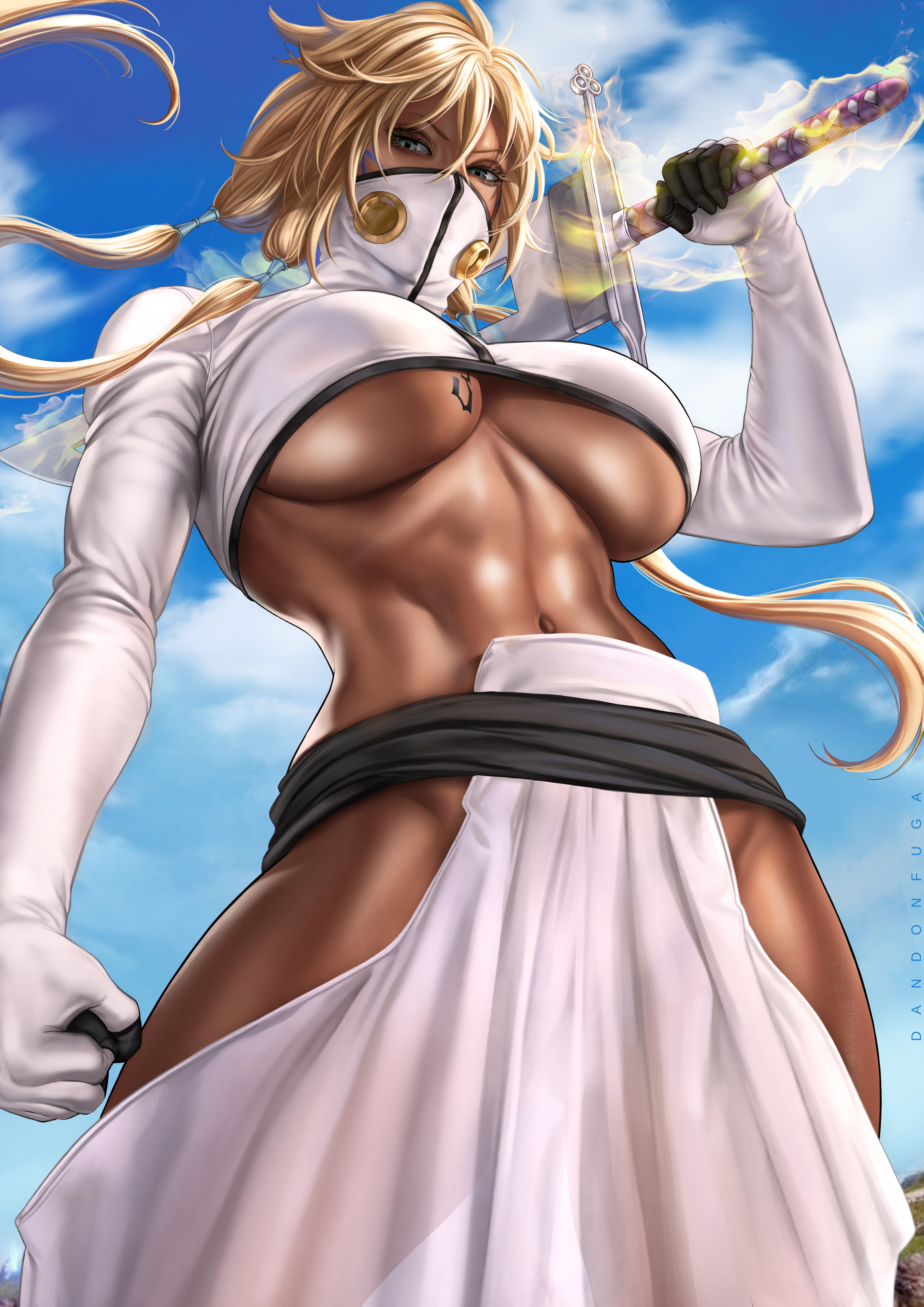 big breasts, bleach, blonde hair, breasts, clothed, clothing, dandon fuga, dark skin, dark-skinned female, female, female only, green eyes, hakama, large breasts, looking at viewer, masked, slq, sword, tia harribel, underboob, weapon
