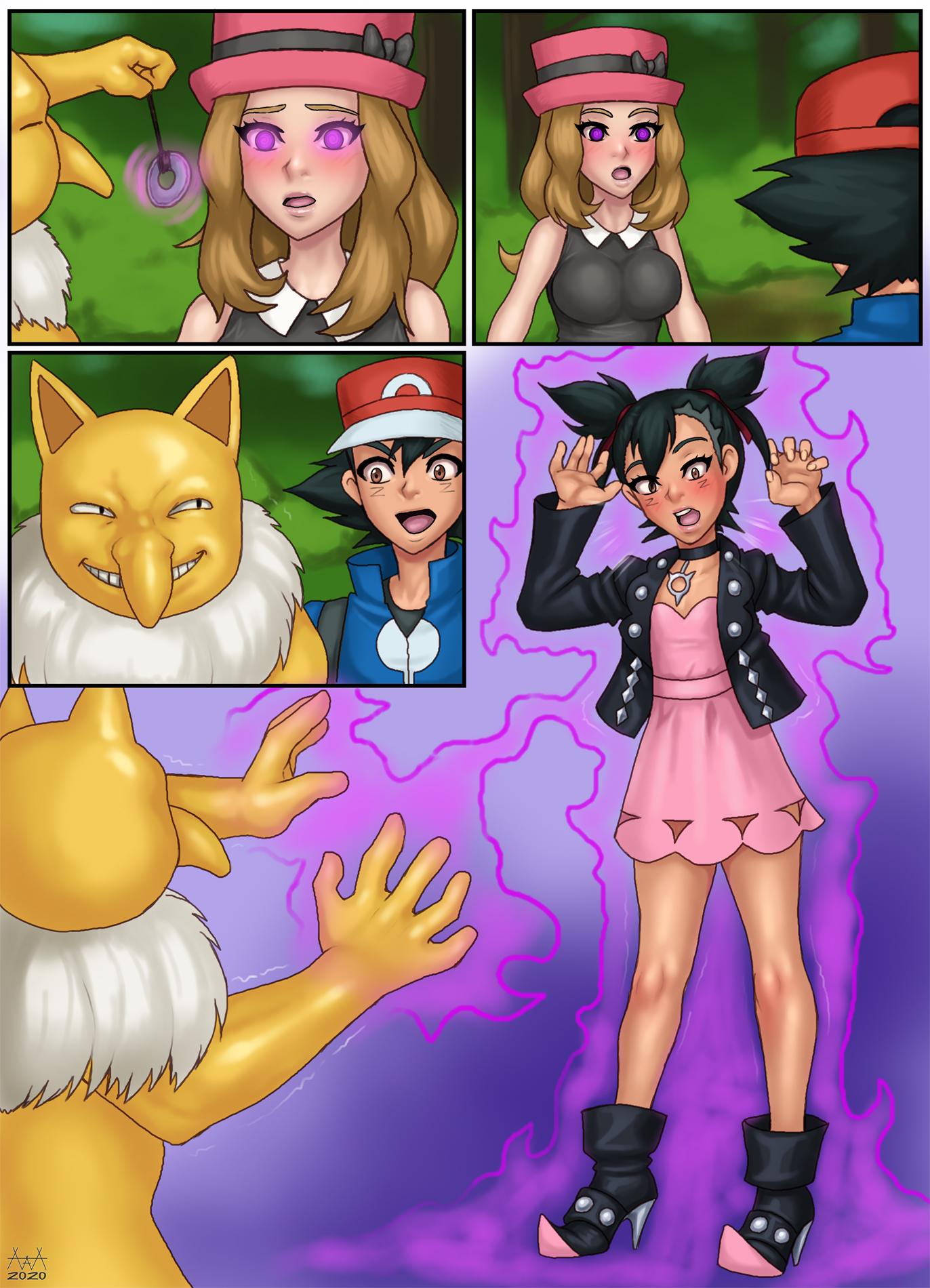1boy, 1girls, 2020, aaaninja, ash ketchum, black hair, breasts, brown hair, collar, comic, crossdressing, duo, female, femsub, grin, hat, high heel boots, human, hypno, hypnosis, hypnotic eyes, jacket, leather jacket, male, male and female subs, malesub, marnie (pokemon), marnie (pokemon) (cosplay), mind control, multiple subs, nintendo, open mouth, outdoors, pointy ears, pokemon, pokemon (anime), pokemon (species), pokemon xy, serena (pokemon), short dress, straight, surprised